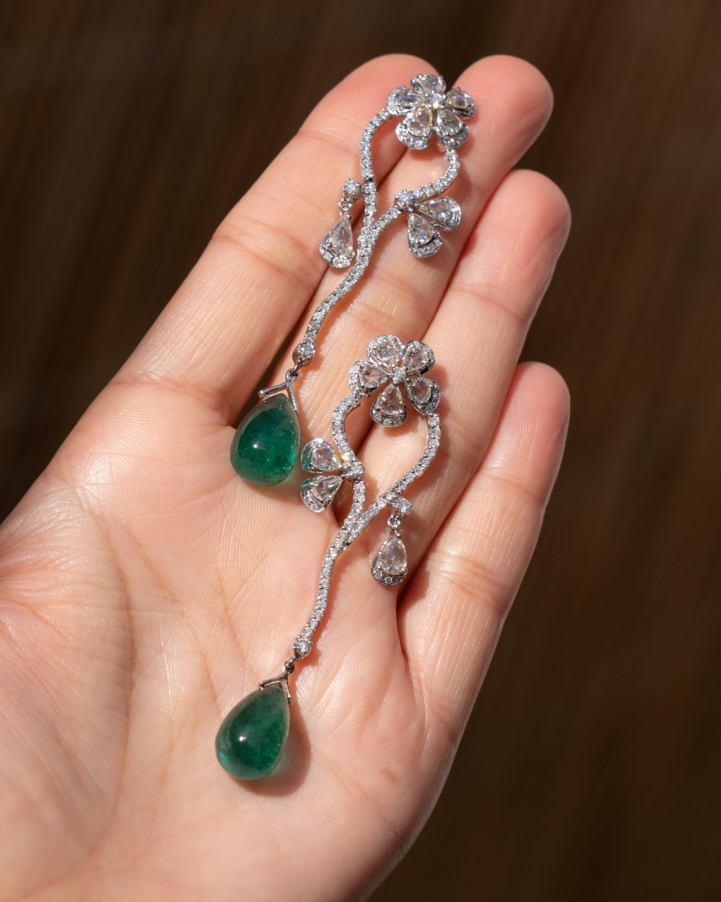 Pear Cut 20.87 Carat Emerald Drop and Diamond Dangle Earrings in 18K Gold