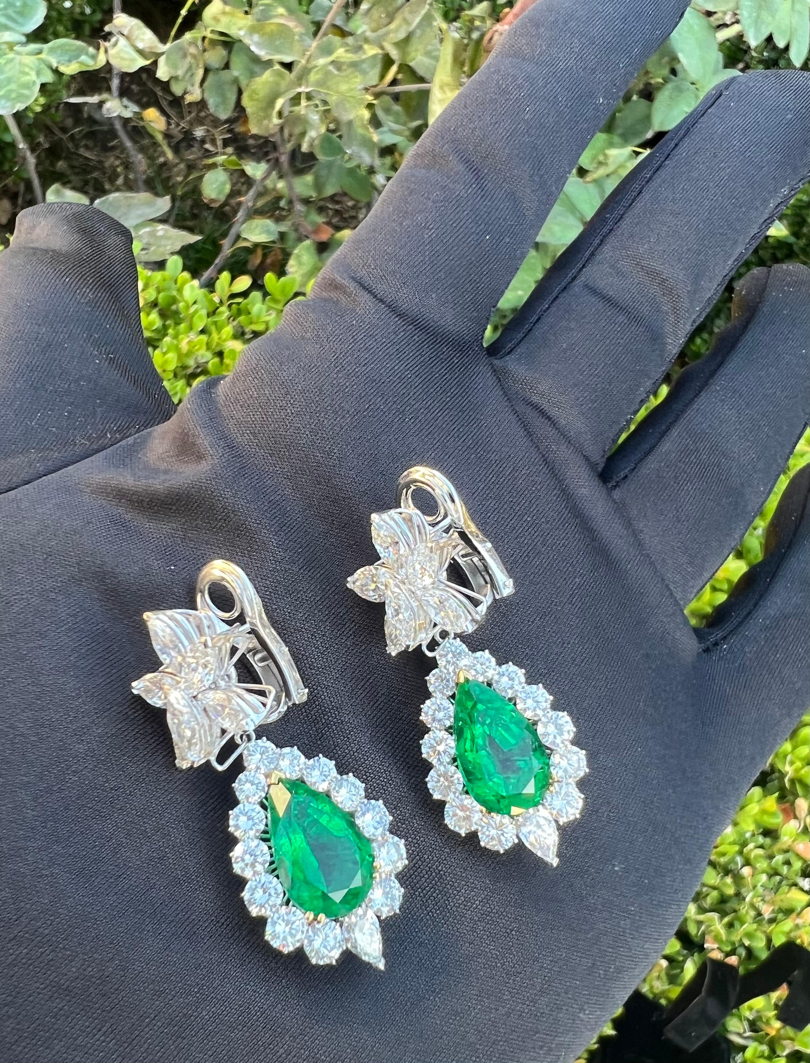 Women's 20.88 Carat GIA Certified VVS1 D Color Diamond and Emerald Pear Drop Earrings