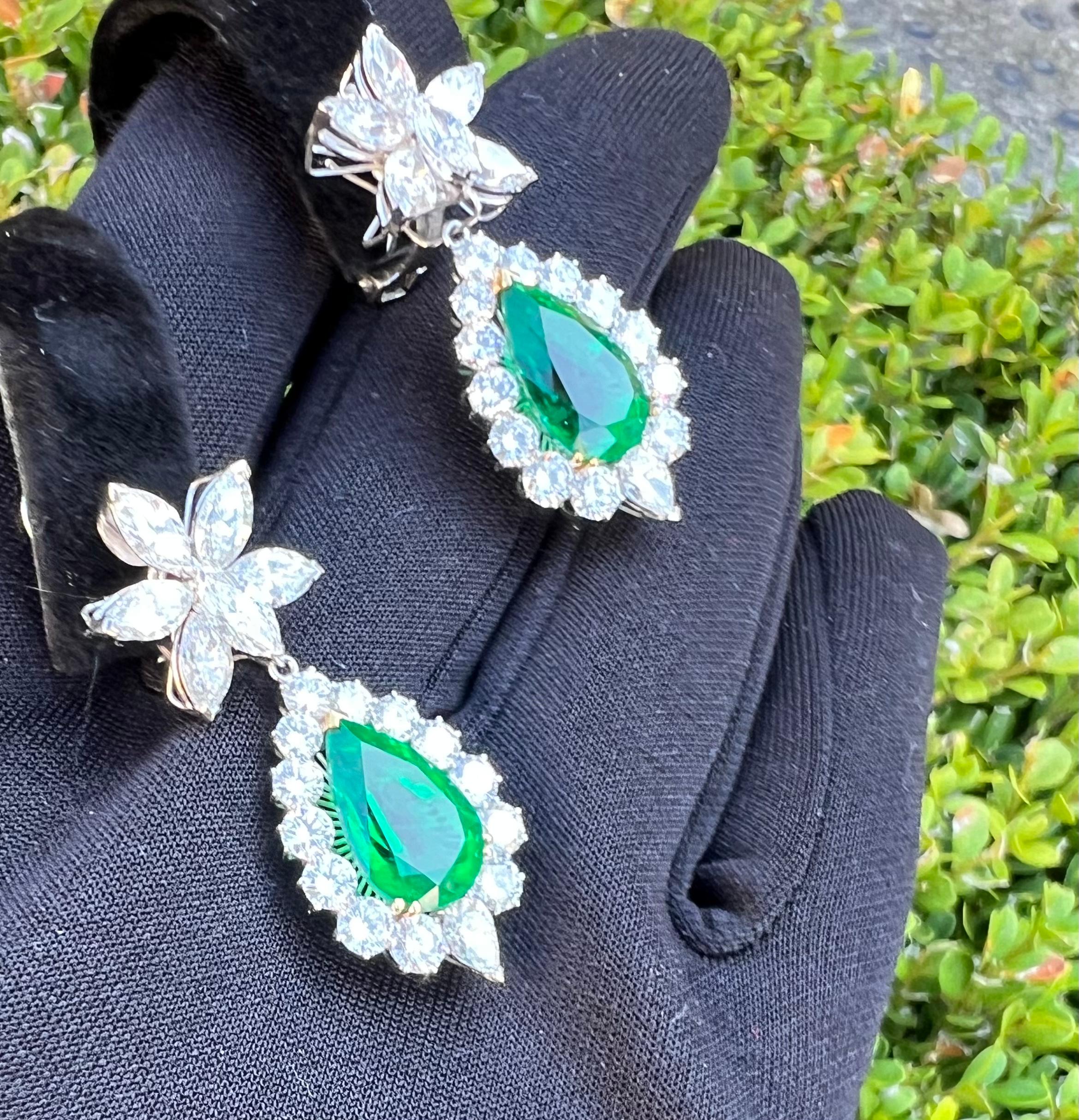 20.88 Carat GIA Certified VVS1 D Color Diamond and Emerald Pear Drop Earrings 3