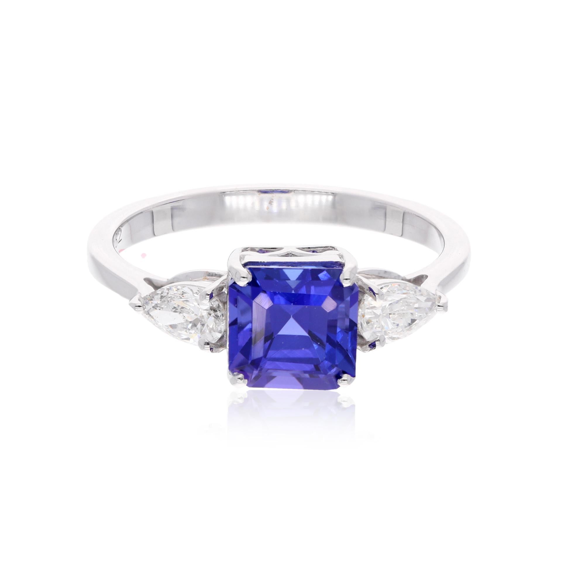 Anello a tre pietre con tanzanite Ascher 2,08ct 0,51Ct SI/H Pear Diamond 14k White Gold