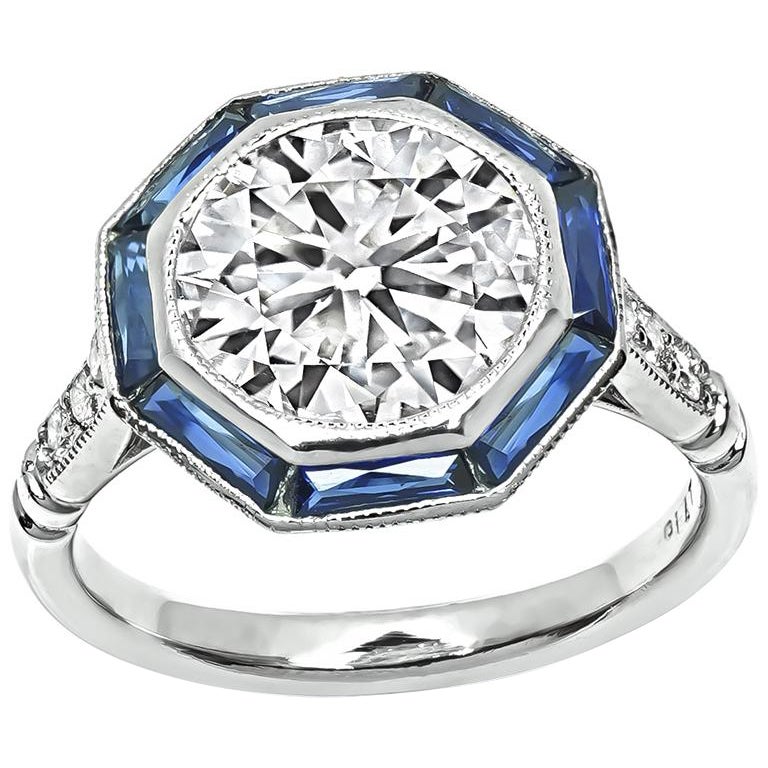 2.08ct Diamond Sapphire Platinum Engagement Ring For Sale