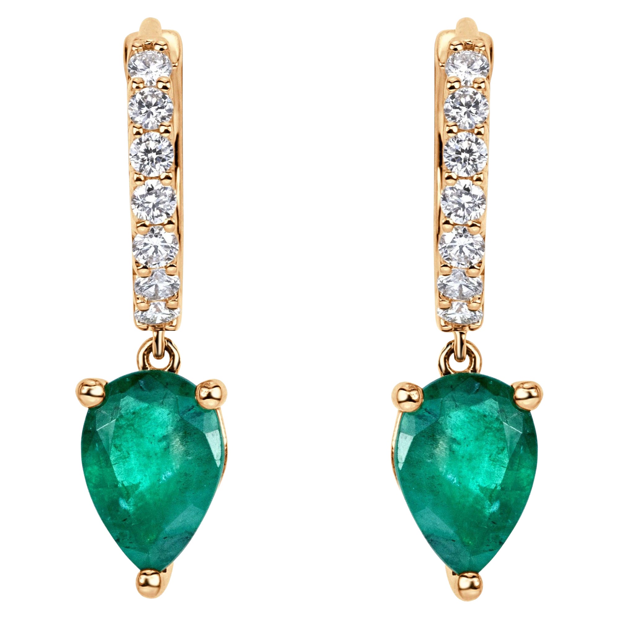 2.08ct Green Emerald and Diamond Dangle Huggie Earrings in 18K Yellow Gold