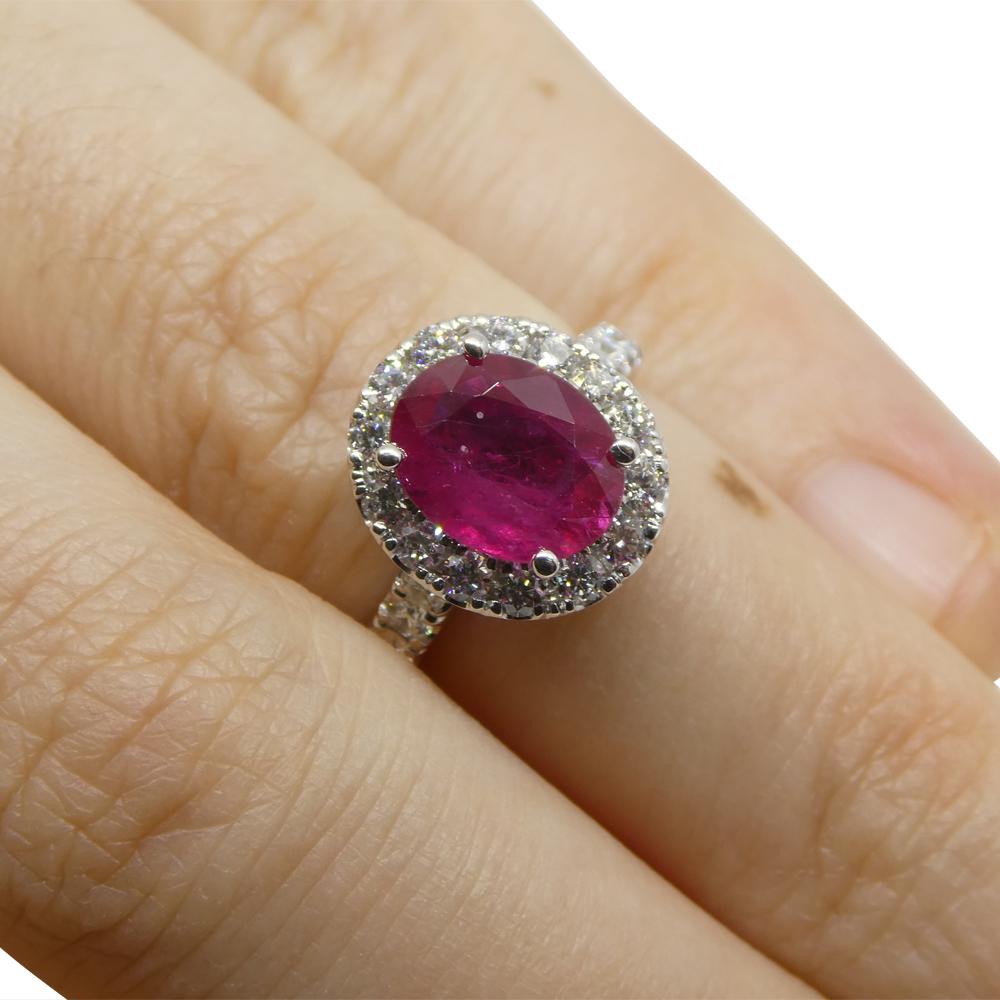 Contemporary 2.01ct Red Ruby, Diamond Halo Statement or Engagement Ring set in 14k White Gold For Sale