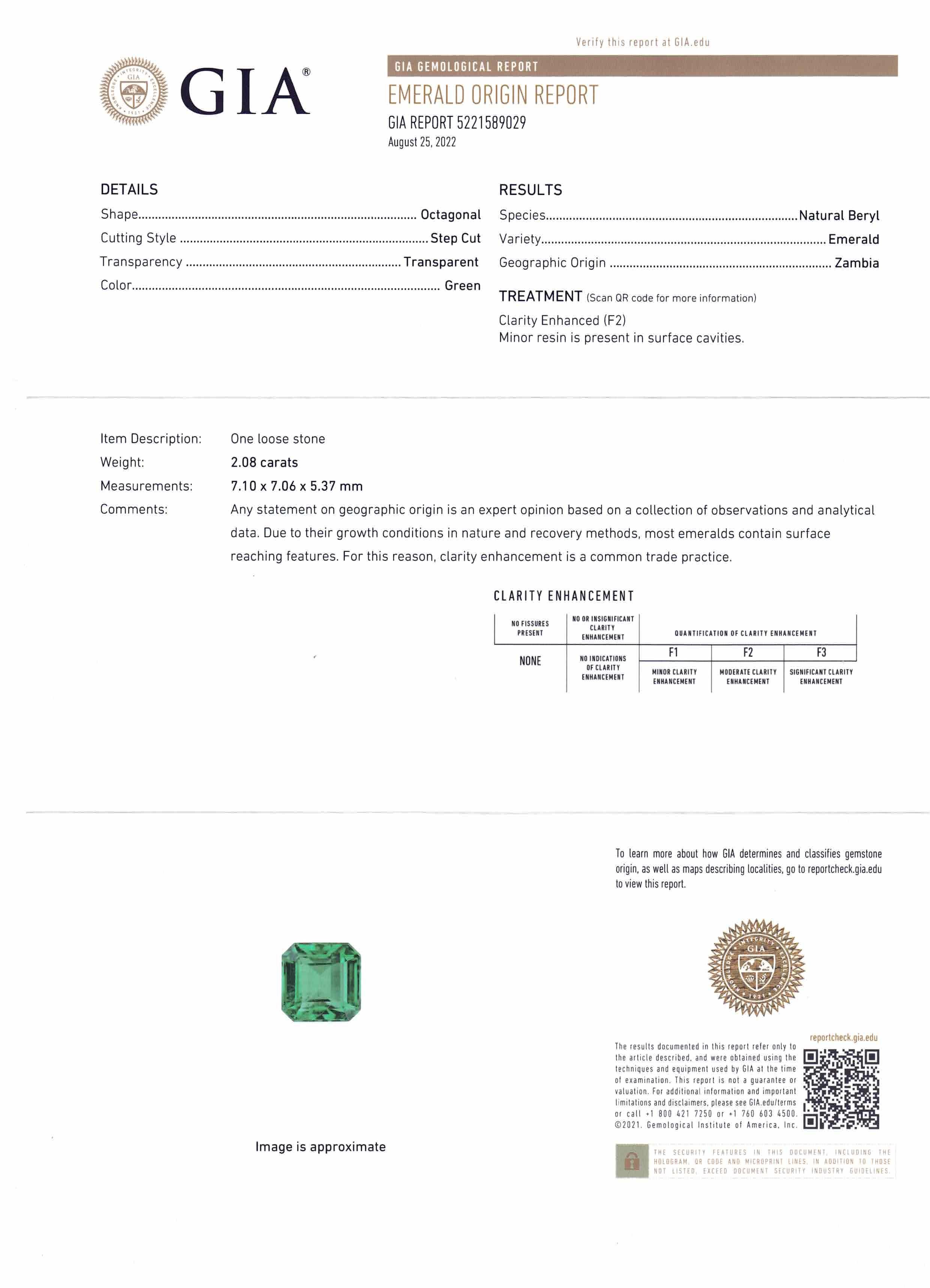 Émeraude verte carrée/octobre 2,08 carats certifiée GIA, Zambie Unisexe en vente