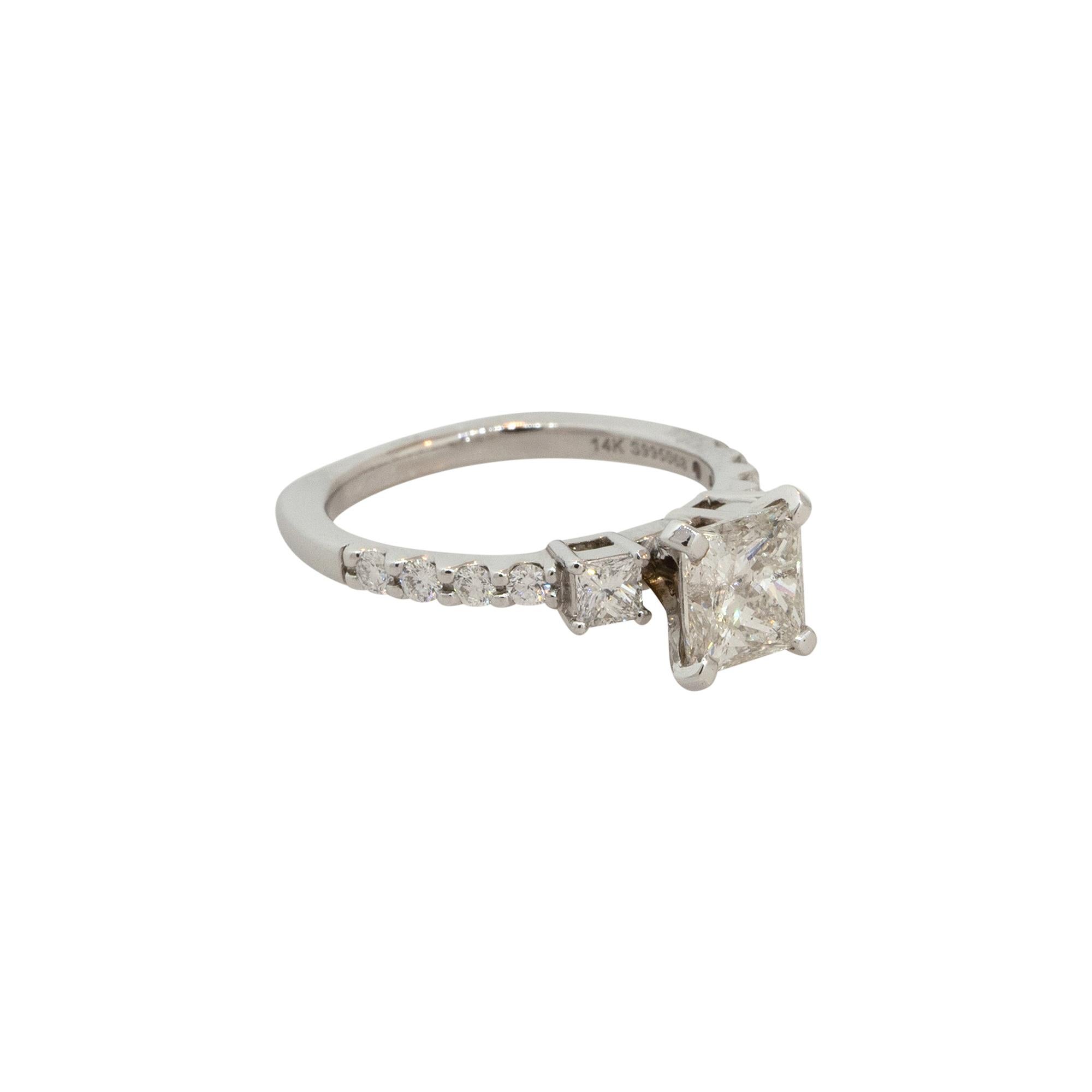 Radiant Cut 2.09 Carat 3 Stone Princess Cut Diamond Engagement Ring 14 Karat in Stock For Sale