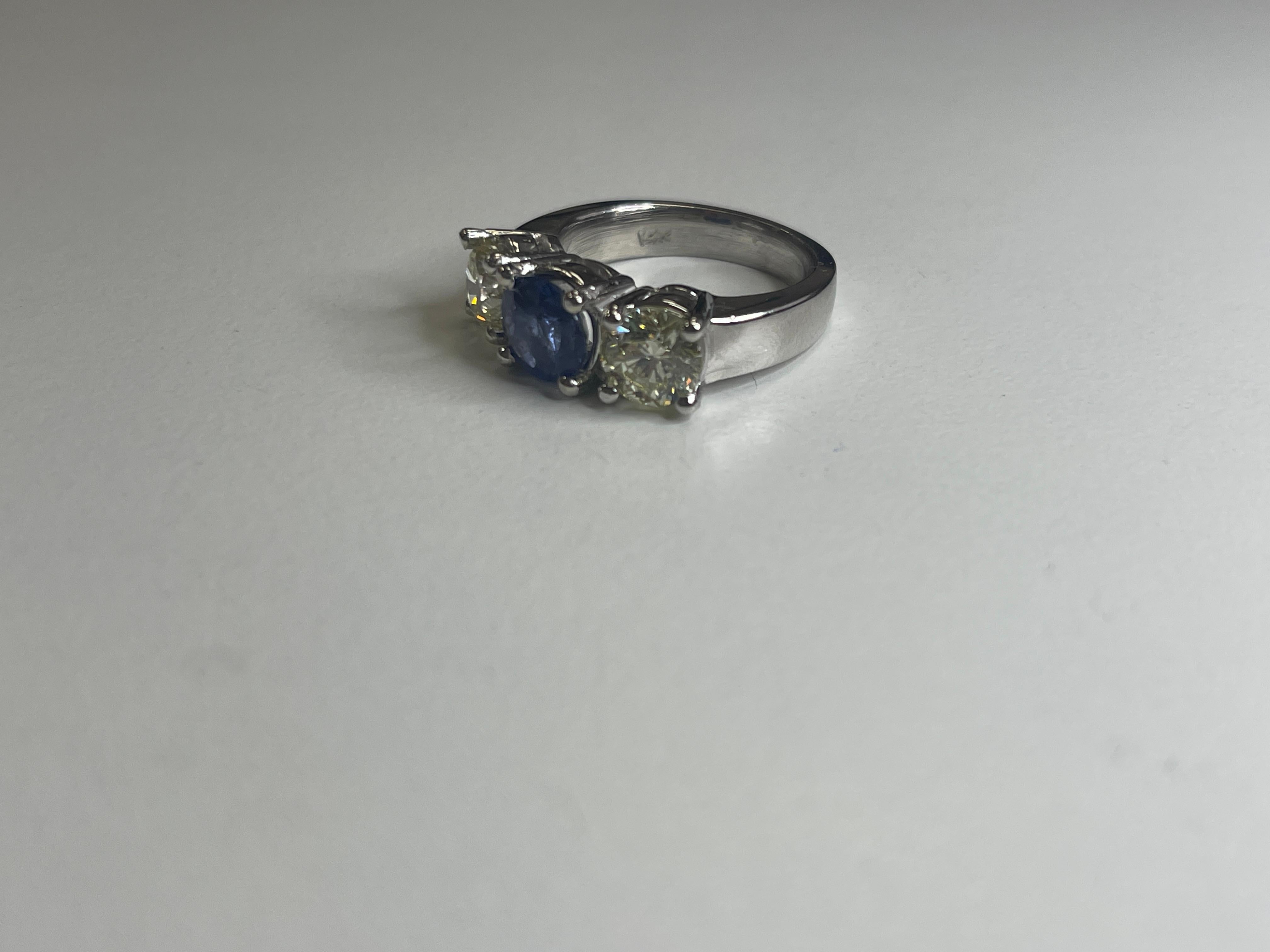 Round Cut 2.09 Carat All Natural Diamond 0.35 Carat Natural Sapphire 14K White Gold Ring For Sale