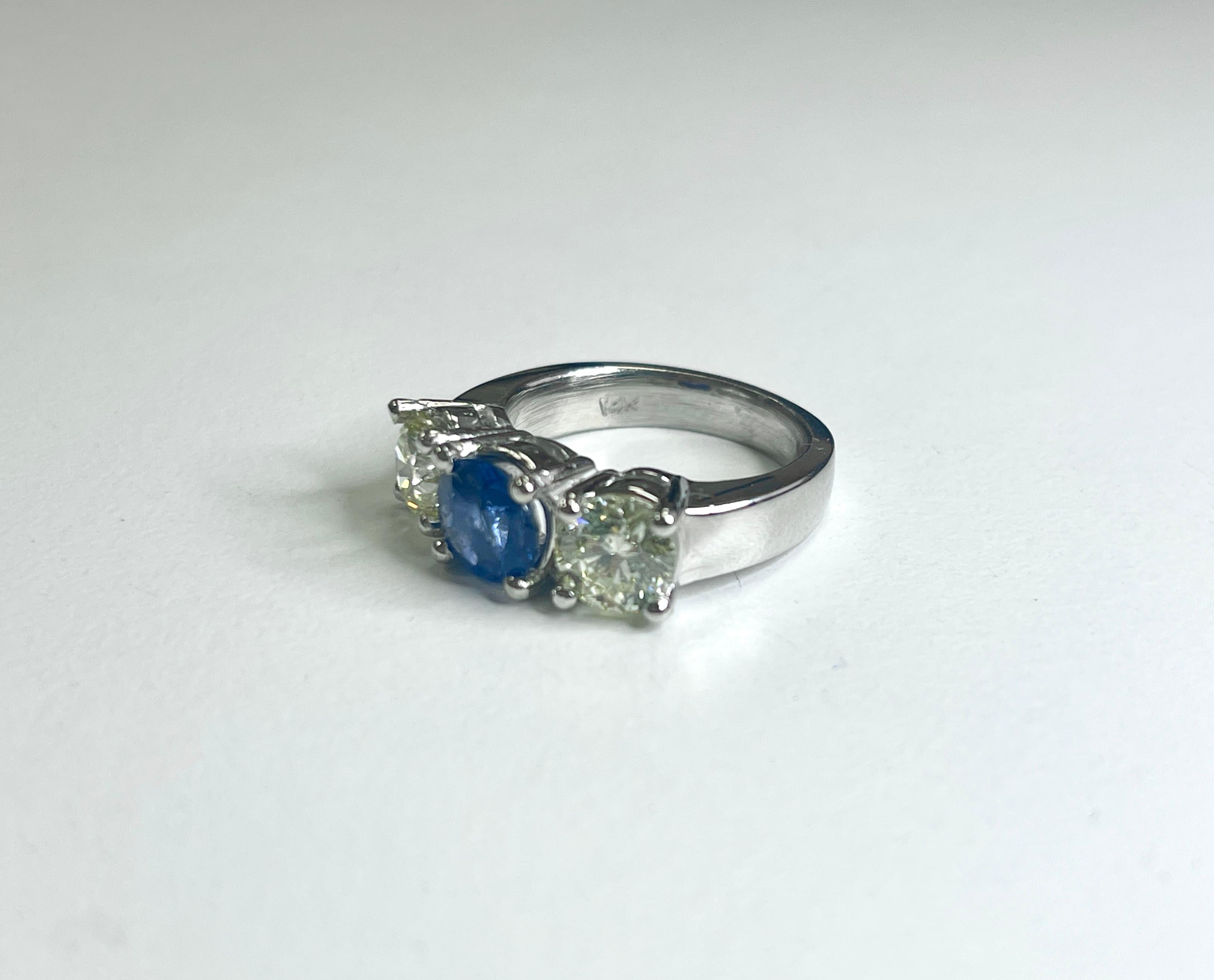 Round Cut 2.09 Carat All Natural Diamond 0.35 Carat Natural Sapphire 14K White Gold Ring For Sale