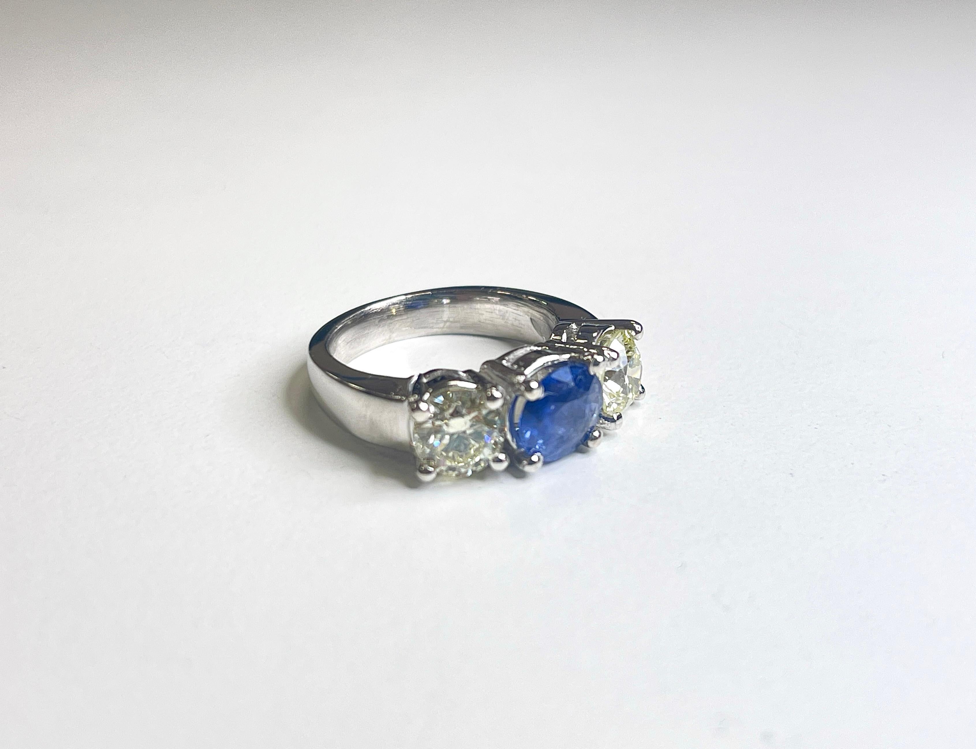 2.09 Carat All Natural Diamond 0.35 Carat Natural Sapphire 14K White Gold Ring In New Condition For Sale In Great Neck, NY