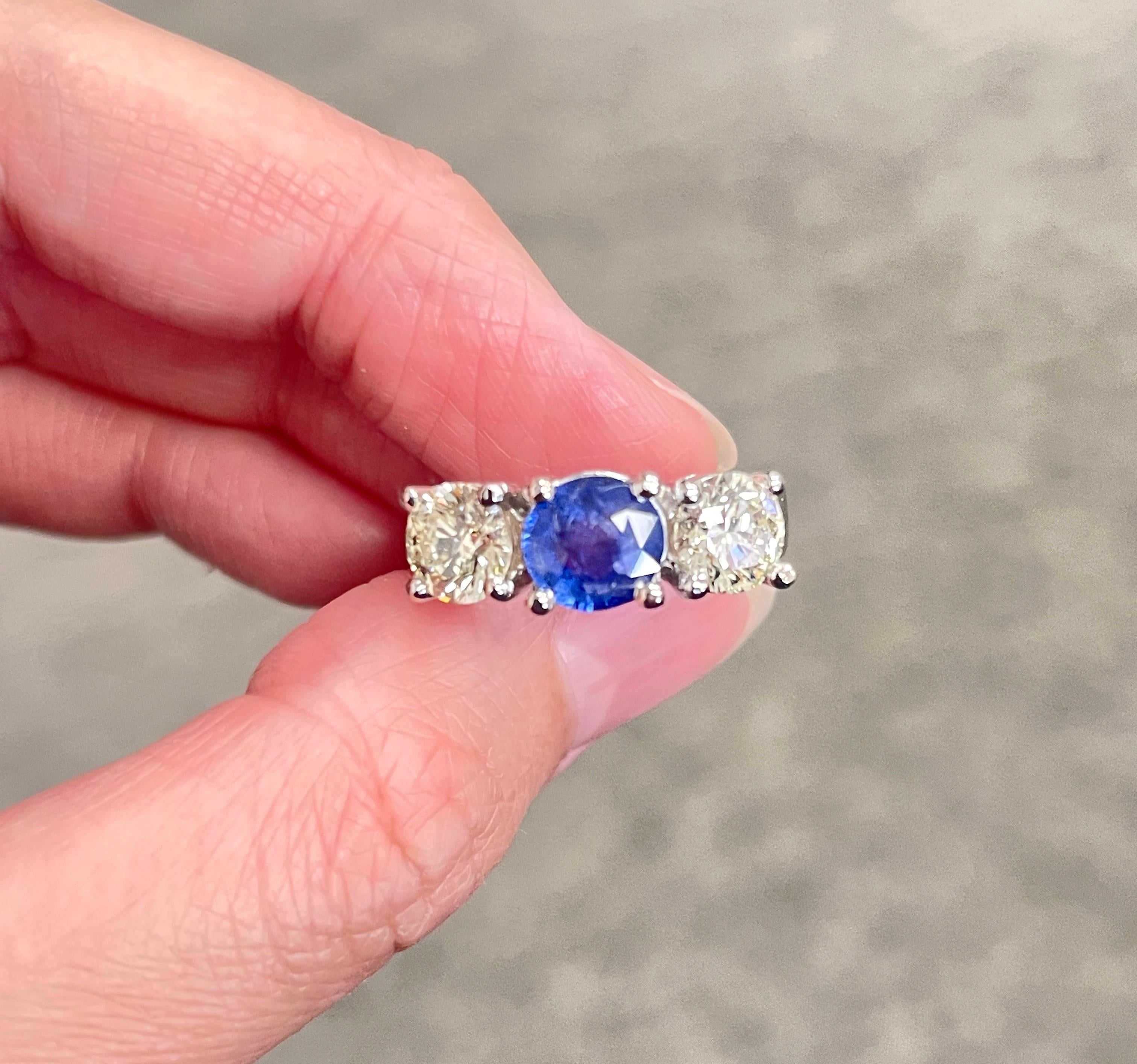 2.09 Carat All Natural Diamond 0.35 Carat Natural Sapphire 14K White Gold Ring For Sale 2