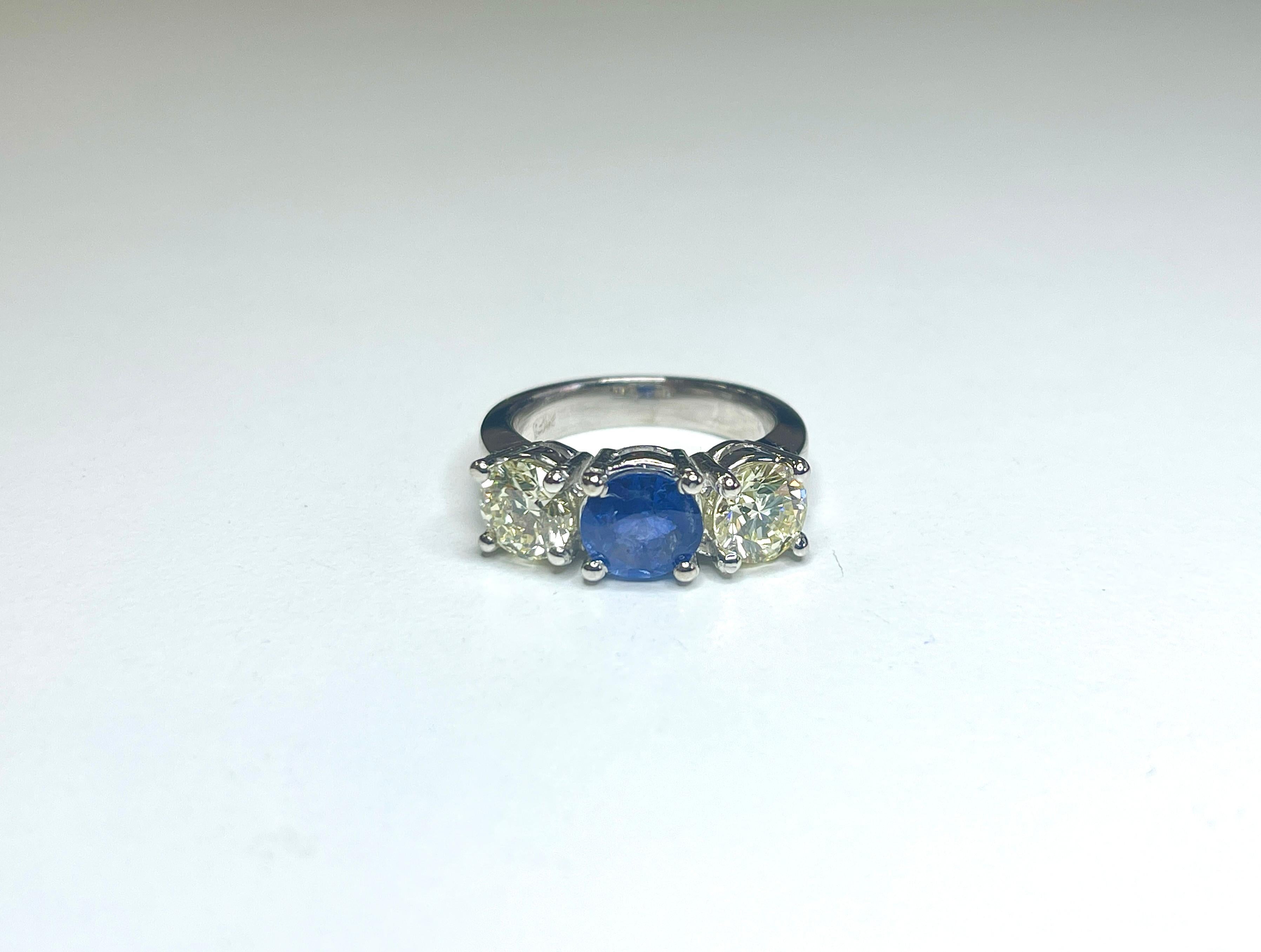 2.09 Carat All Natural Diamond 0.35 Carat Natural Sapphire 14K White Gold Ring For Sale 2