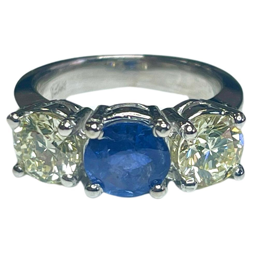 2.09 Carat All Natural Diamond 0.35 Carat Natural Sapphire 14K White Gold Ring For Sale
