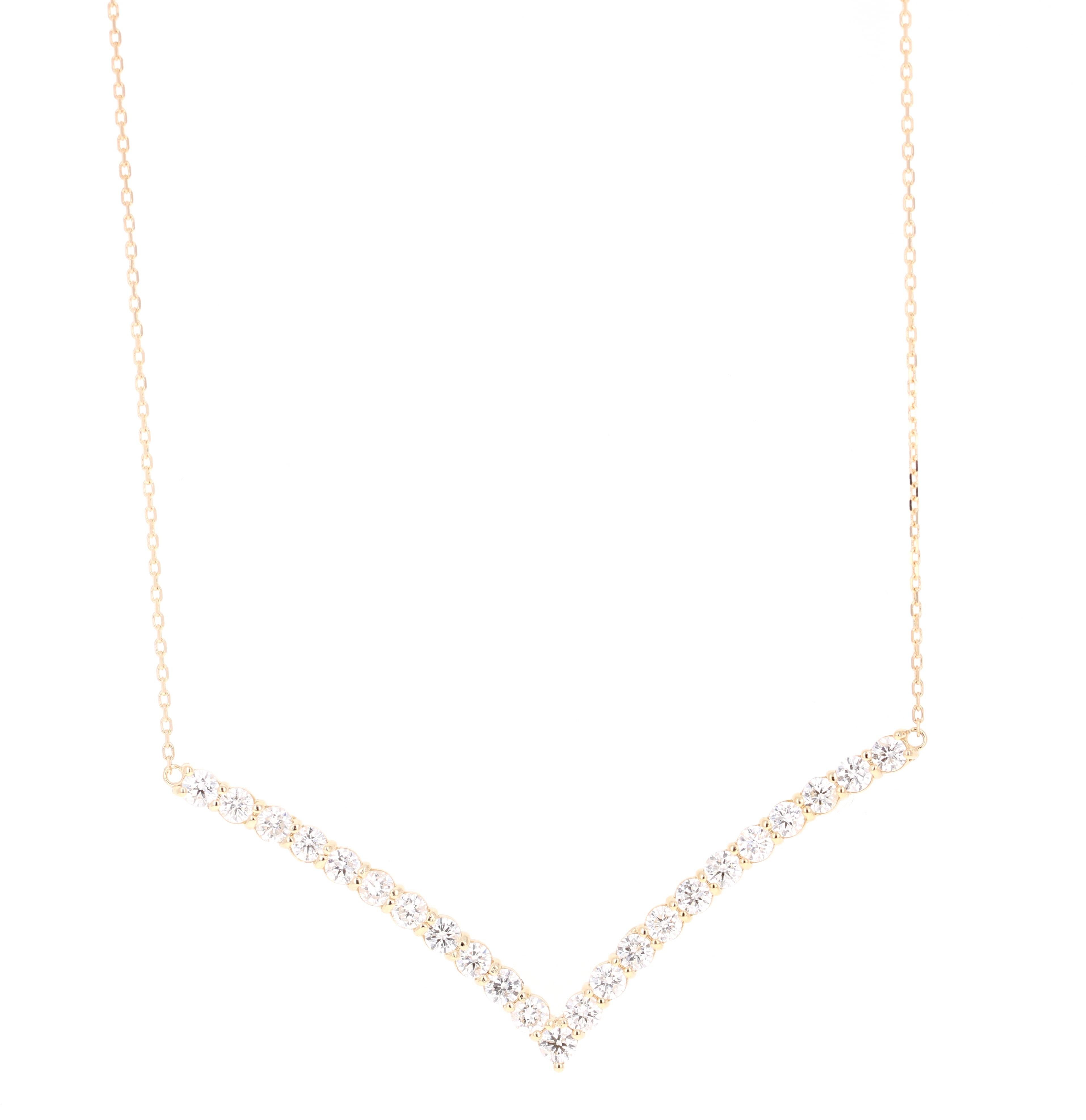 This Chain Necklace has a V-Shaped Necklace that has 23 Round Cut Diamonds (Clarity: SI, Color: F) that weigh 2.09 Carats. 
The total carat weight of the necklace is 2.09 Carats.

It is beautifully curated in 14 Karat Yellow Gold and weighs 3.3