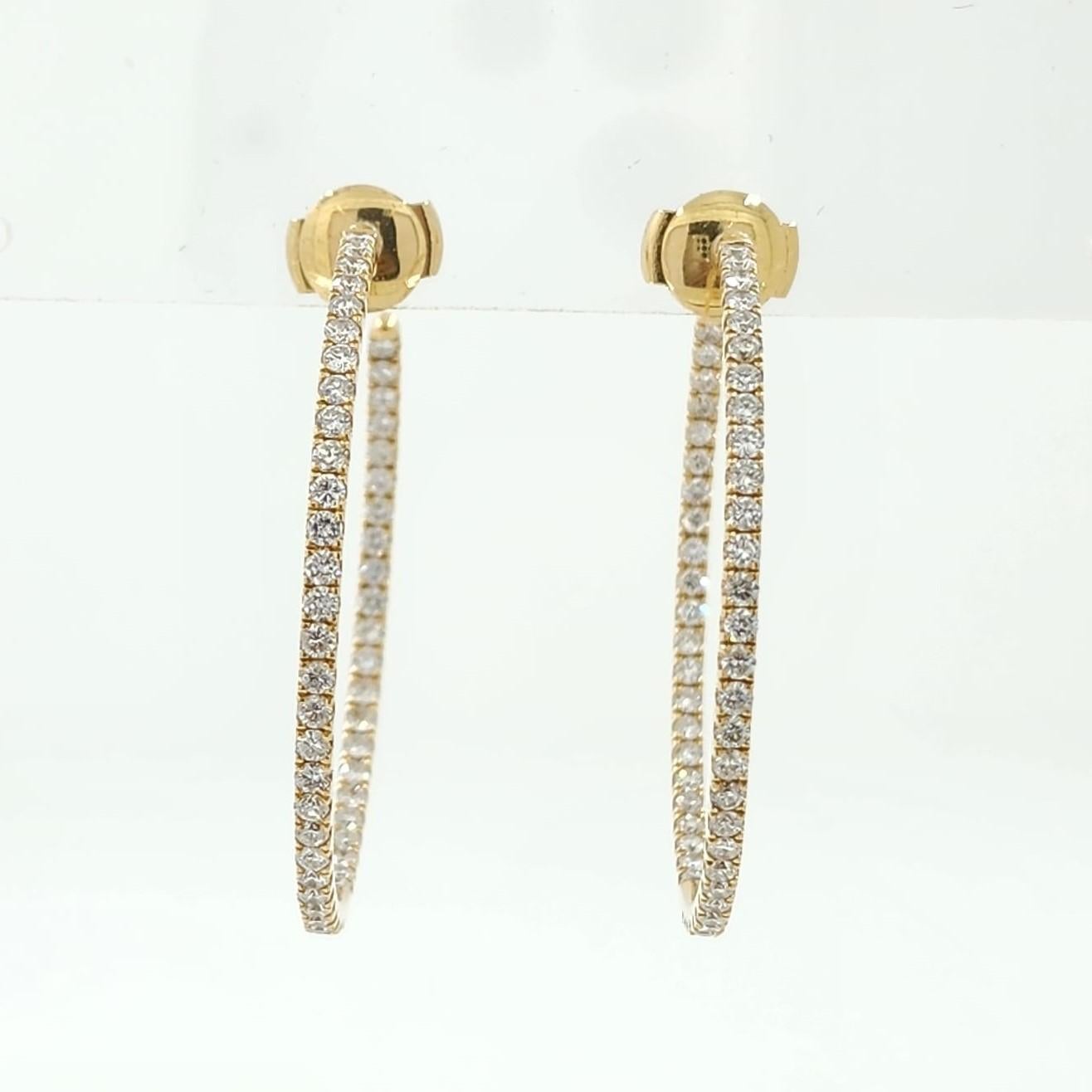 Round Cut 2.09 Carat Diamond Hoop Earrings in 14 Karat Yellow Gold For Sale