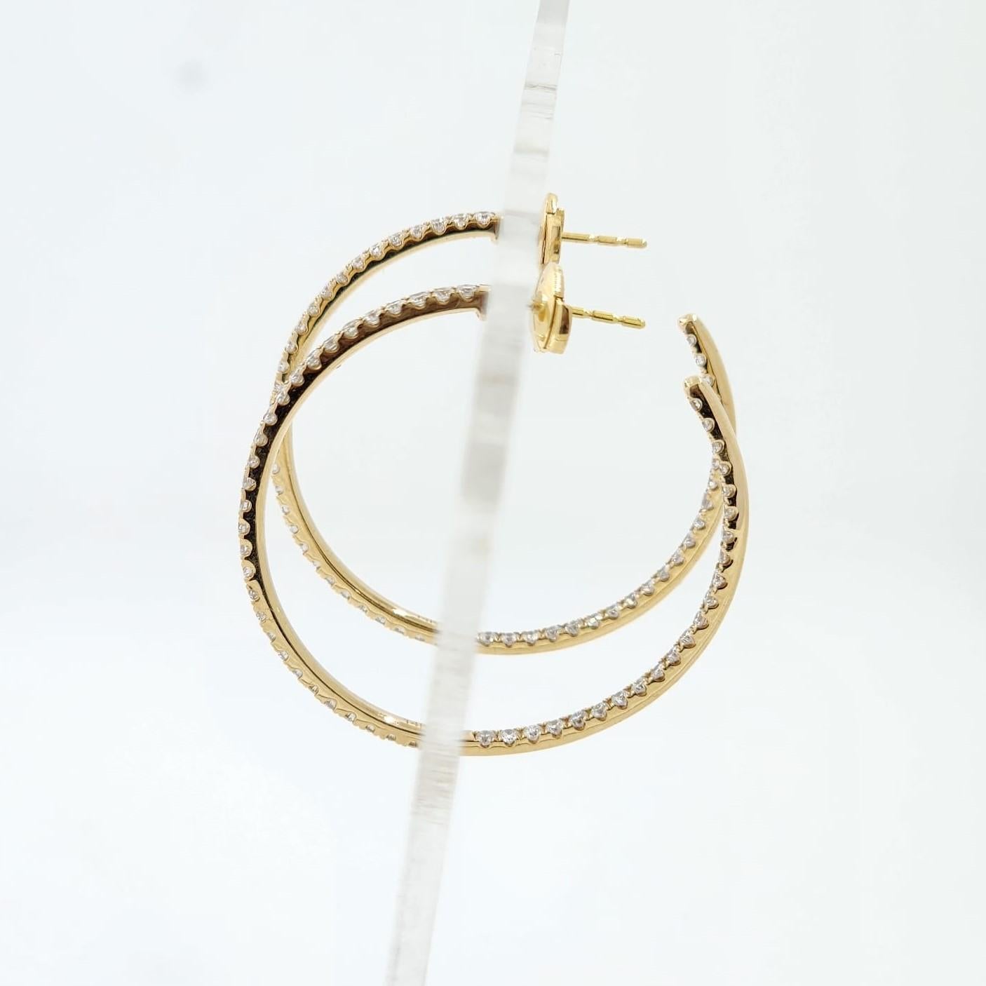 Women's 2.09 Carat Diamond Hoop Earrings in 14 Karat Yellow Gold For Sale