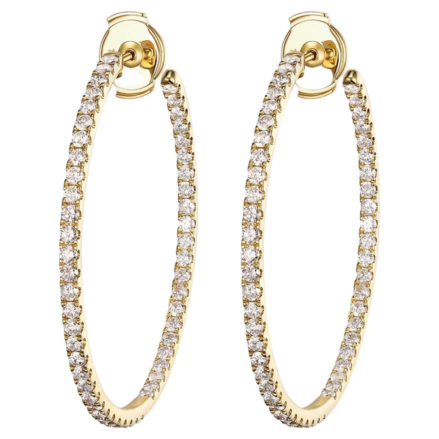 2.09 Carat Diamond Hoop Earrings in 14 Karat Yellow Gold For Sale