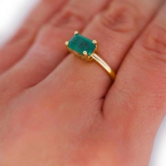 2.09 Carat East West Emerald Cut Green Emerald Solitaire 14K Gold Ring