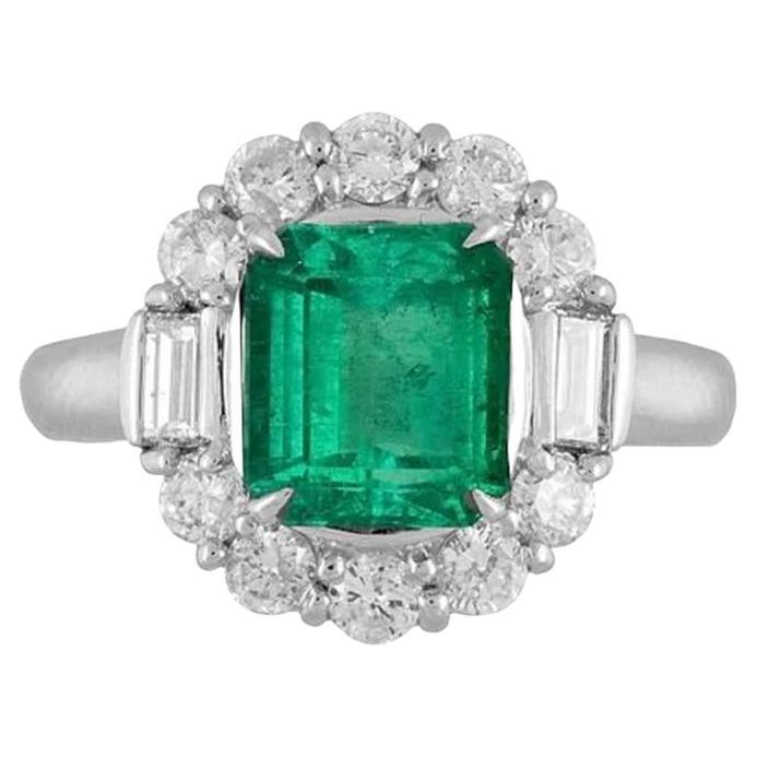 2.09 Carat Emerald and Diamond Vintage Platinum Ring Estate Fine Jewelry For Sale