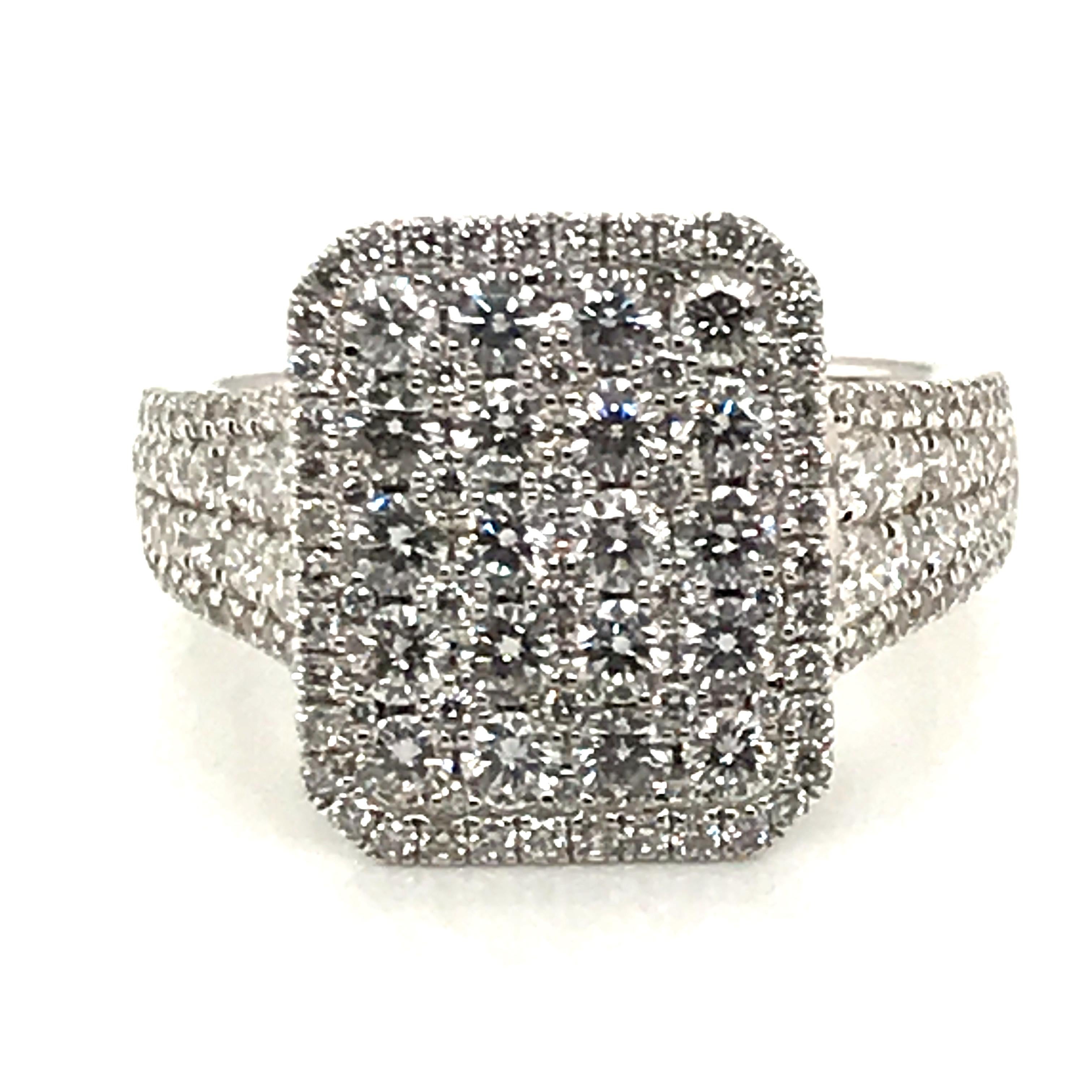 HJN Inc. Ring featuring a 2.09 Carat Facet White Diamond Ring With 18K White Gold

Round-Cut Diamond Weight: 2.09 Carats

Total Stones: 154
Clarity Grade: SI1
Color Grade: H
Total Diamond Weight: 2.09 Carats
Polish and Symmetry: Very Good
Style