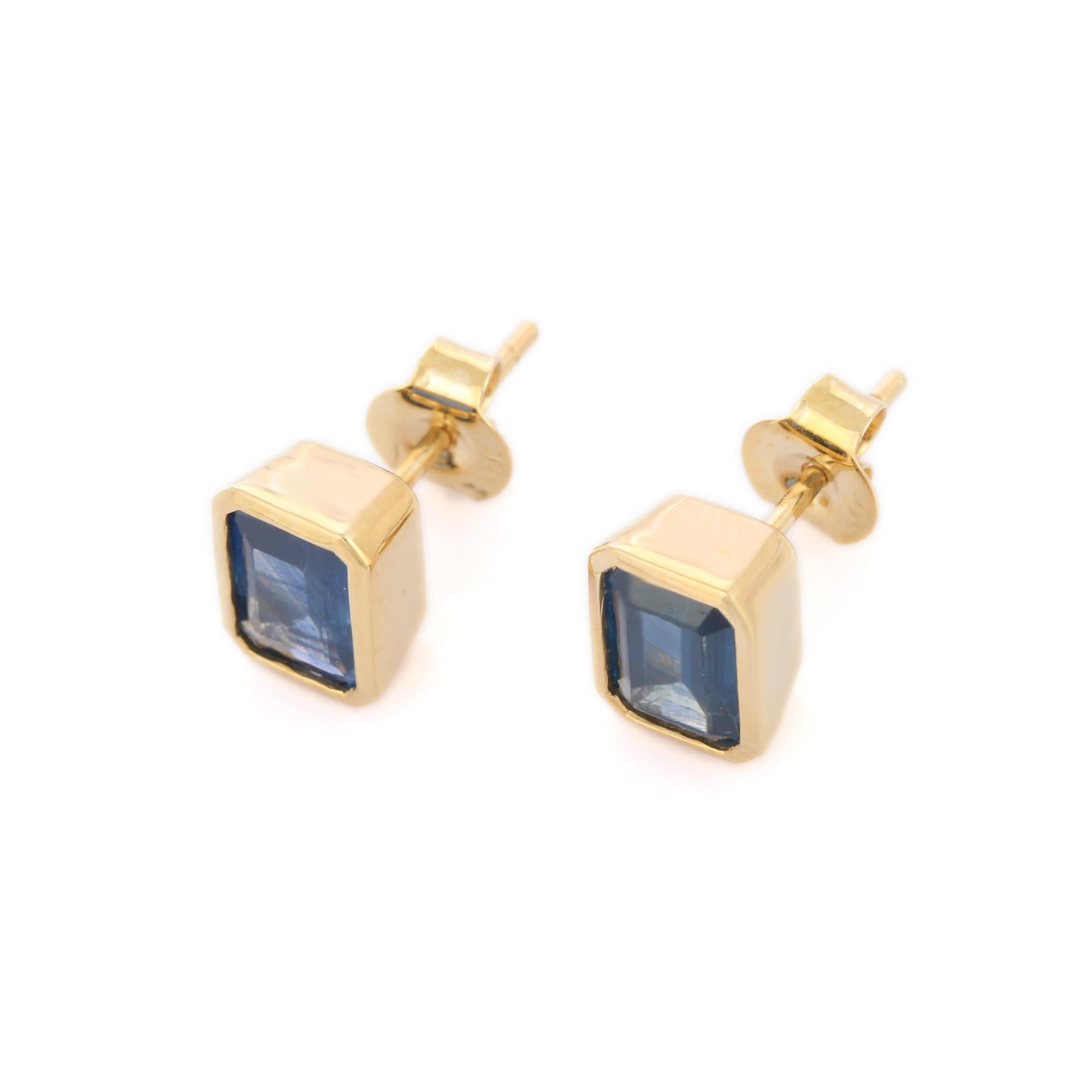 Studs create a subtle beauty while showcasing the colors of the natural precious gemstones  making a statement.

Baguette cut blue sapphire studs in 14K gold. Embrace your look with these stunning pair of earrings suitable for any occasion to