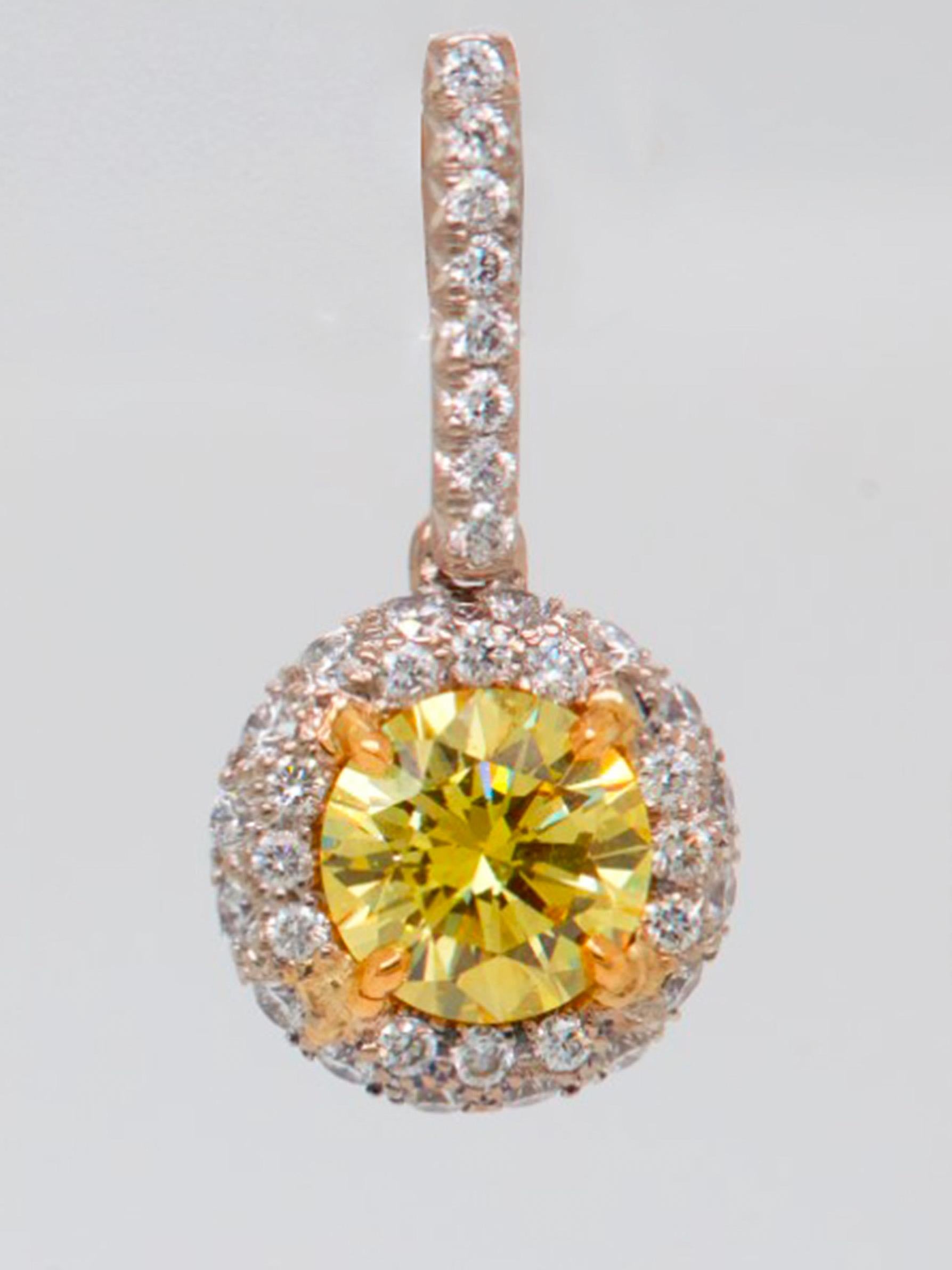 Round Cut 2.09 Carat Fancy Vivid Yellow Diamond Drop Earrings with Halo, GIA Report For Sale