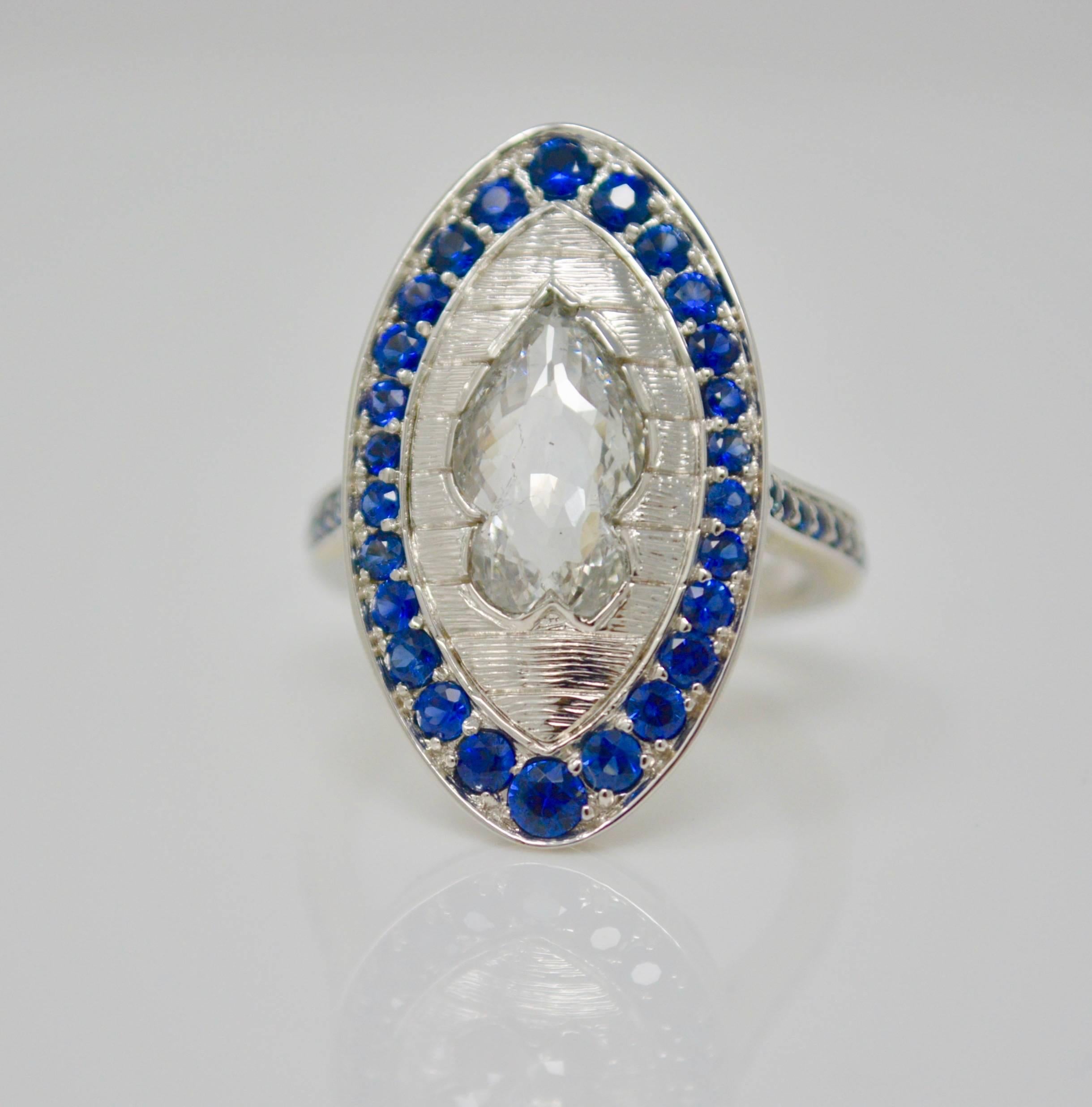 2.09 Carat Fancy Shape White Rose Cut Diamond and Blue Sapphire Engagement Ring. In New Condition For Sale In New York, NY