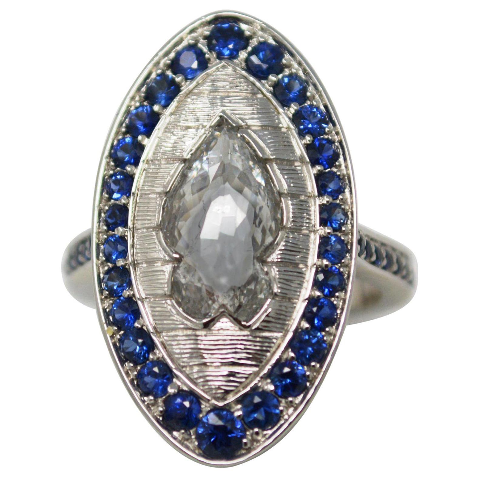 2.09 Carat Fancy Shape White Rose Cut Diamond and Blue Sapphire Engagement Ring. For Sale