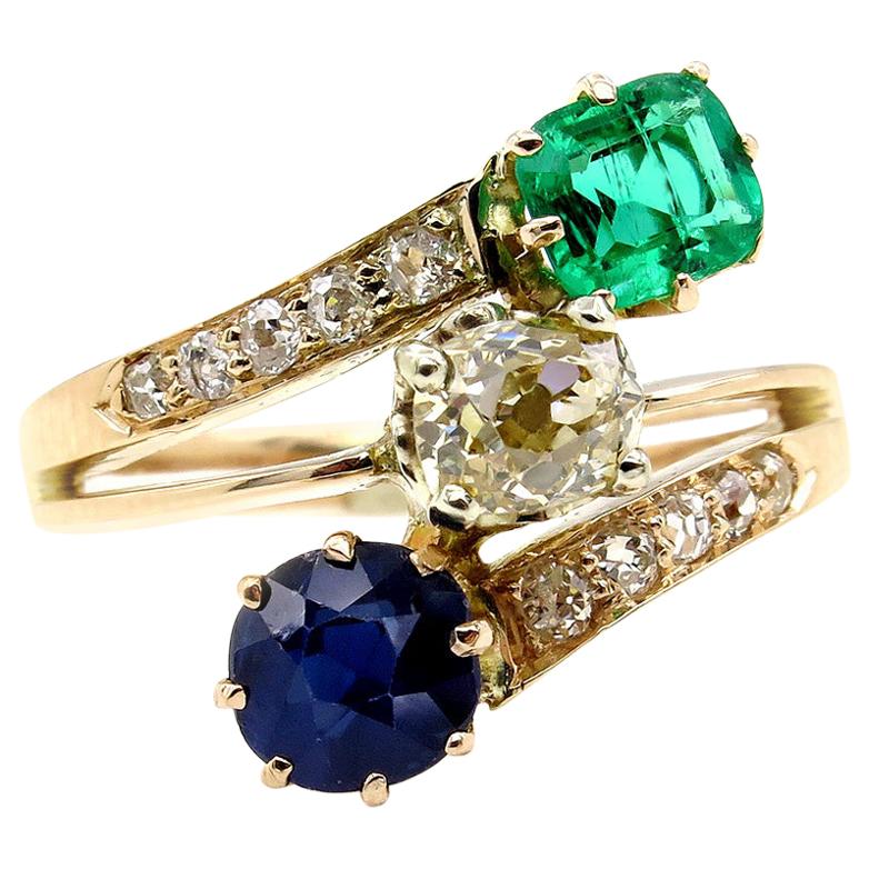 2.09 Carat Green Emerald Sapphire Old Mine Cushion Diamond Crossover Gold Ring