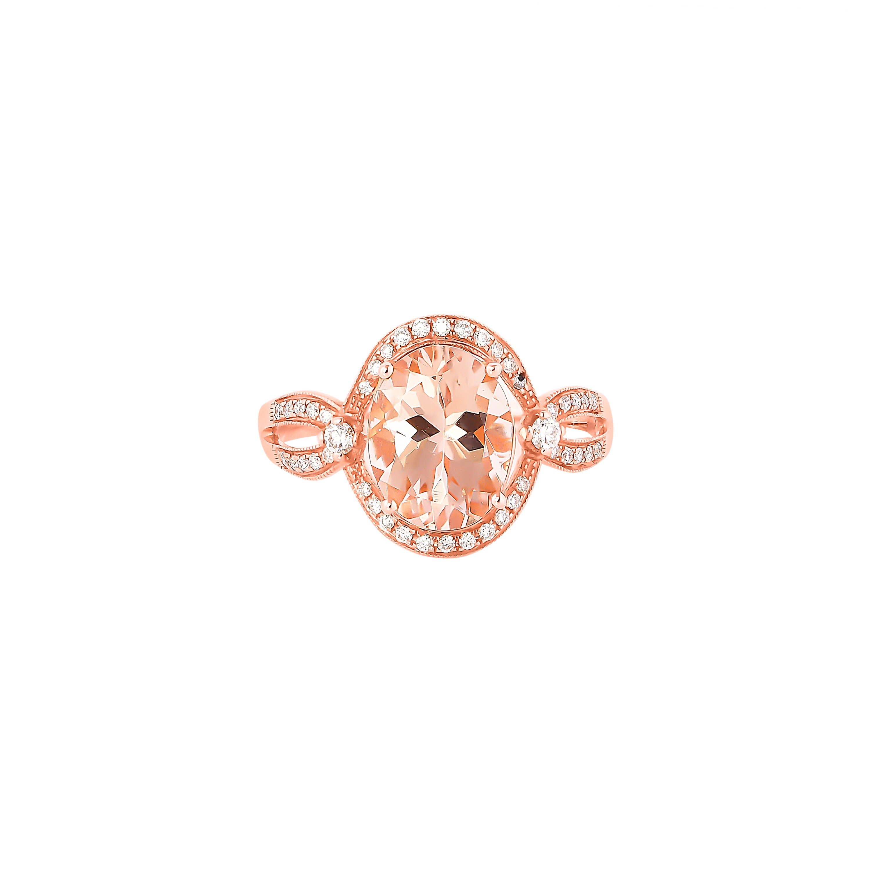 This collection features an array of magnificent morganites! Accented with Diamonds these rings are made in rose gold and present a classic yet elegant look. 

Classic morganite ring in 18K Rose gold with Diamond. 

Morganite: 2.09 carat, 10X8mm