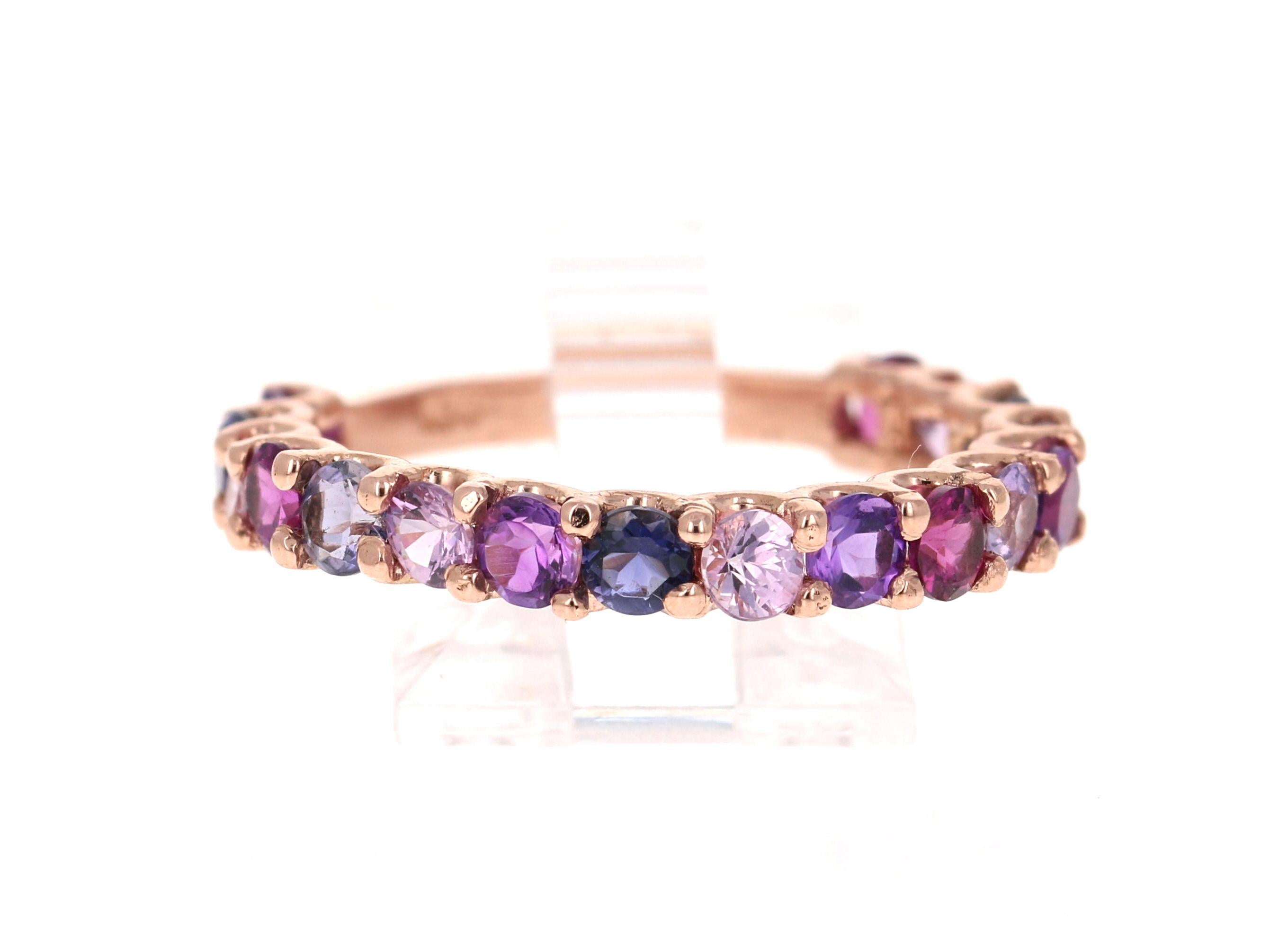 Multi Color Gemstone Rose Gold Stackable Band

There are 17 Multi Color Genuine Gemstones in this band that weigh 2.09 Carats. The band has a mixture of Pink Sapphires, Amethysts and Purple Garnets!
It is perfect for everyday wear and looks amazing