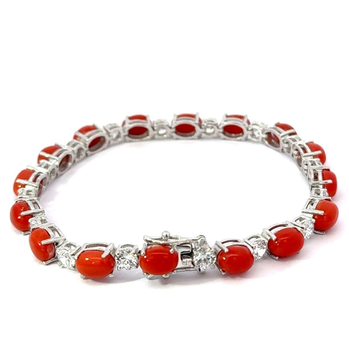 Modern Oval Cut Natural Coral with CZ 20.9 Ct Tennis Bracelet in Silver Mom Jewelry For Sale