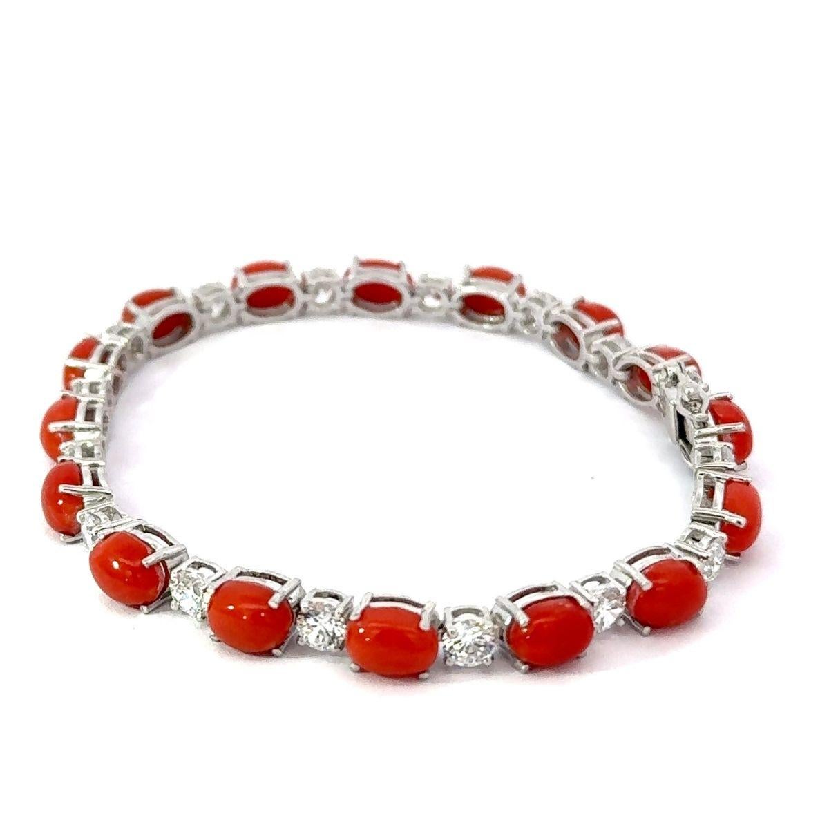Women's Oval Cut Natural Coral with CZ 20.9 Ct Tennis Bracelet in Silver Mom Jewelry For Sale