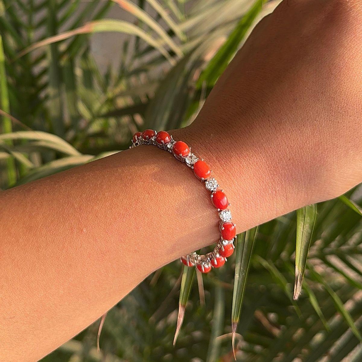 Oval Cut Natural Coral with CZ 20.9 Ct Tennis Bracelet in Silver Mom Jewelry For Sale 1