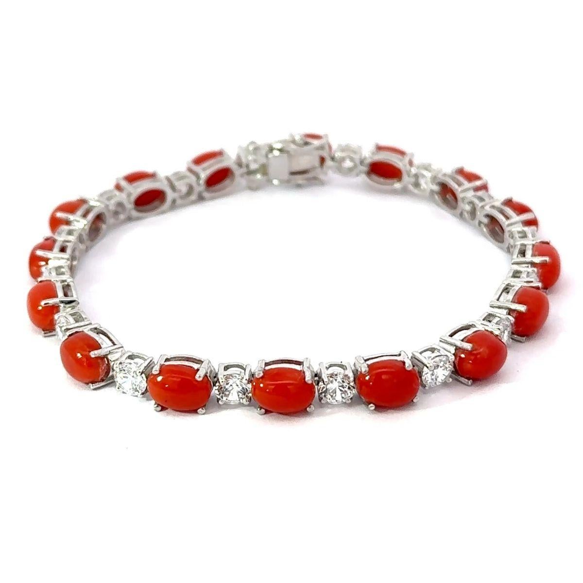 Oval Cut Natural Coral with CZ 20.9 Ct Tennis Bracelet in Silver Mom Jewelry For Sale 2
