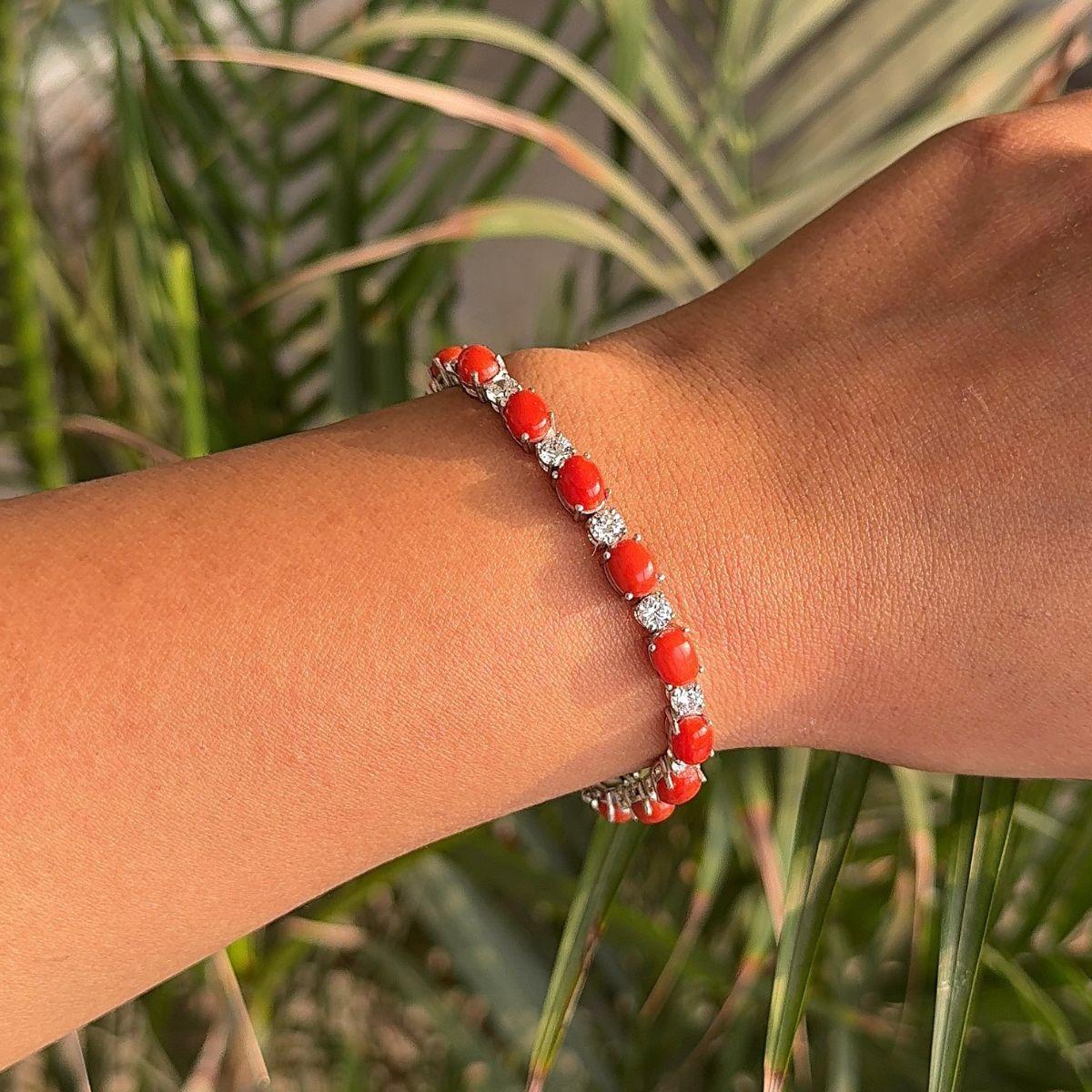 Oval Cut Natural Coral with CZ 20.9 Ct Tennis Bracelet in Silver Mom Jewelry For Sale 3