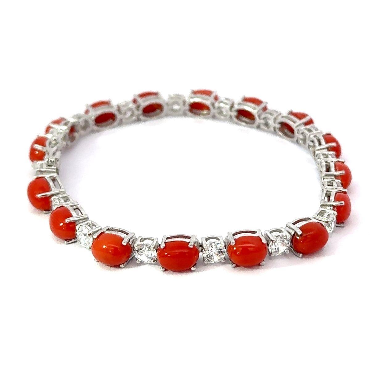 Oval Cut Natural Coral with CZ 20.9 Ct Tennis Bracelet in Silver Mom Jewelry For Sale 4