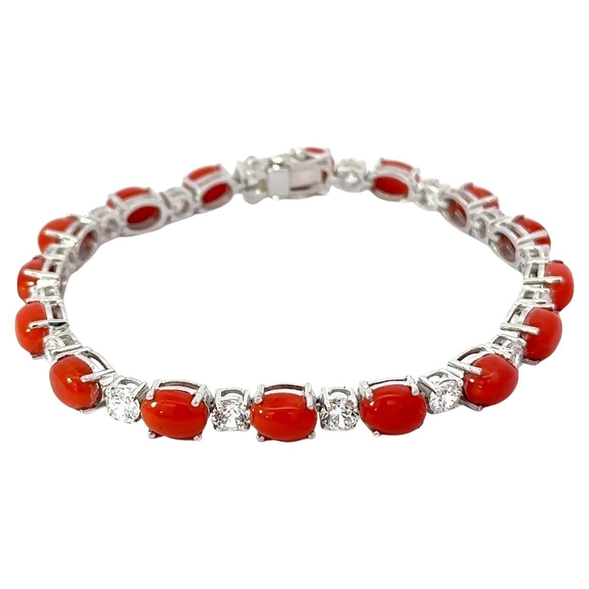 Oval Cut Natural Coral with CZ 20.9 Ct Tennis Bracelet in Silver Mom Jewelry For Sale