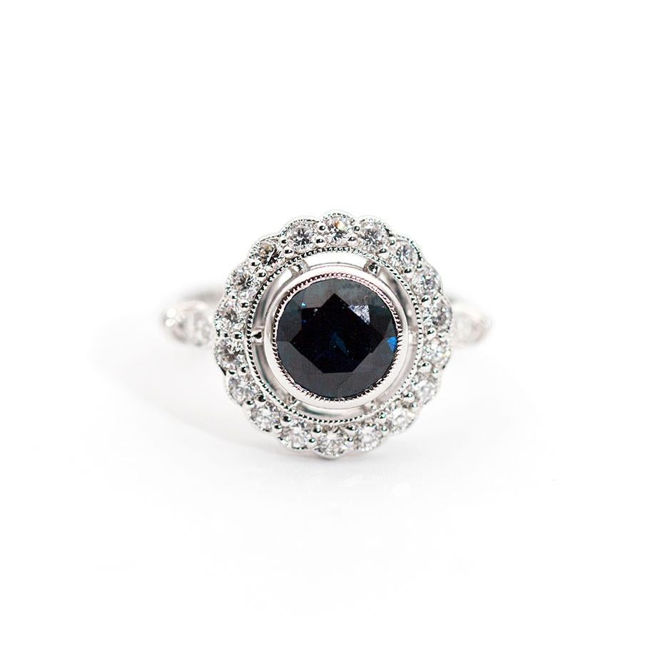 2.09 Carat Natural Round Blue Sapphire and Diamond 18 Carat Halo Vintage Ring 8