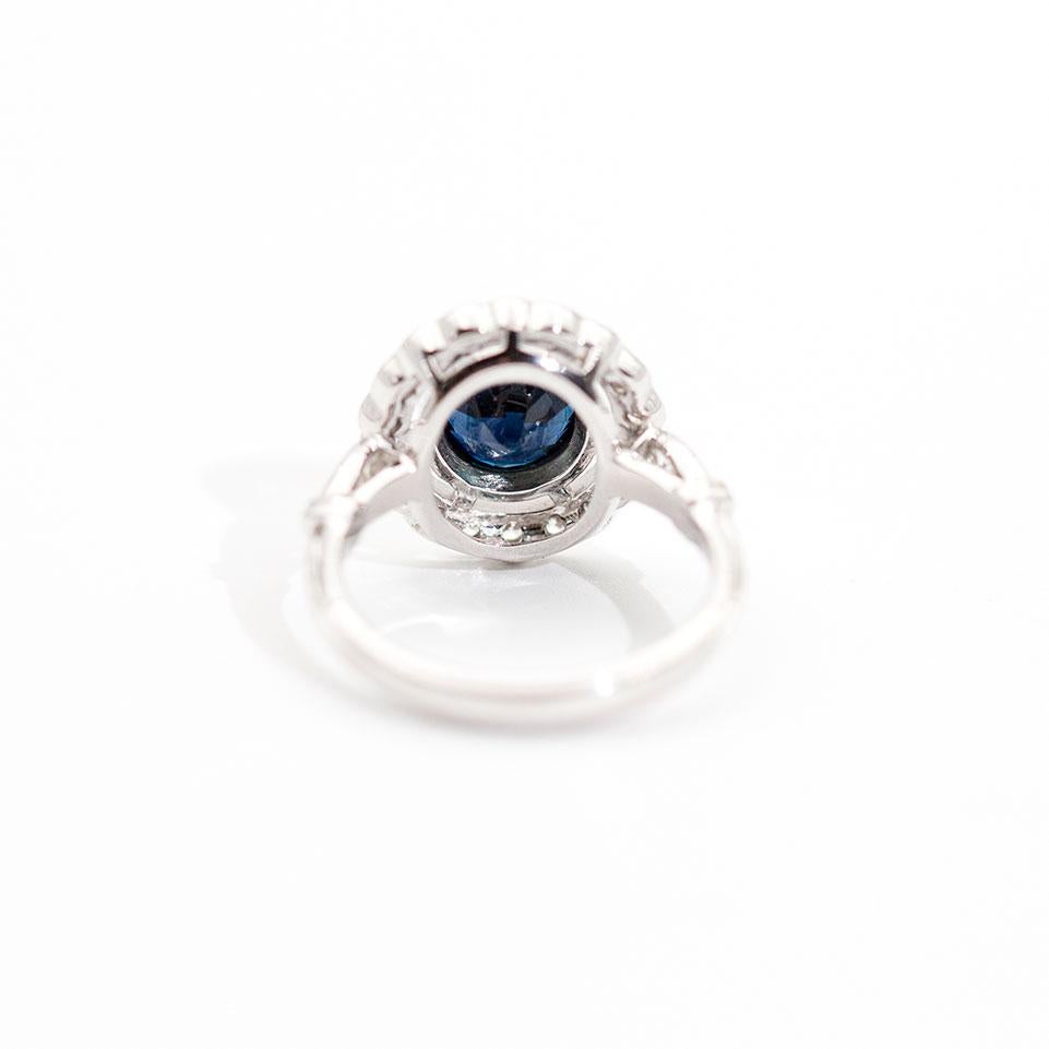 Round Cut 2.09 Carat Natural Round Blue Sapphire and Diamond 18 Carat Halo Vintage Ring