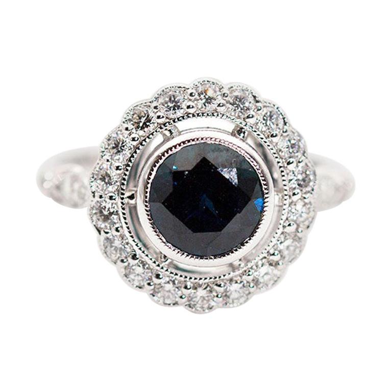 2.09 Carat Natural Round Blue Sapphire and Diamond 18 Carat Halo Vintage Ring