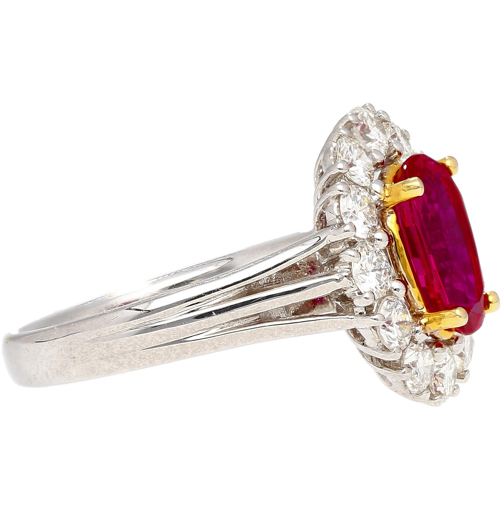 Art Deco 2.09 Carat Oval Cut No Heat Ruby & Diamond Halo Platinum Ring For Sale