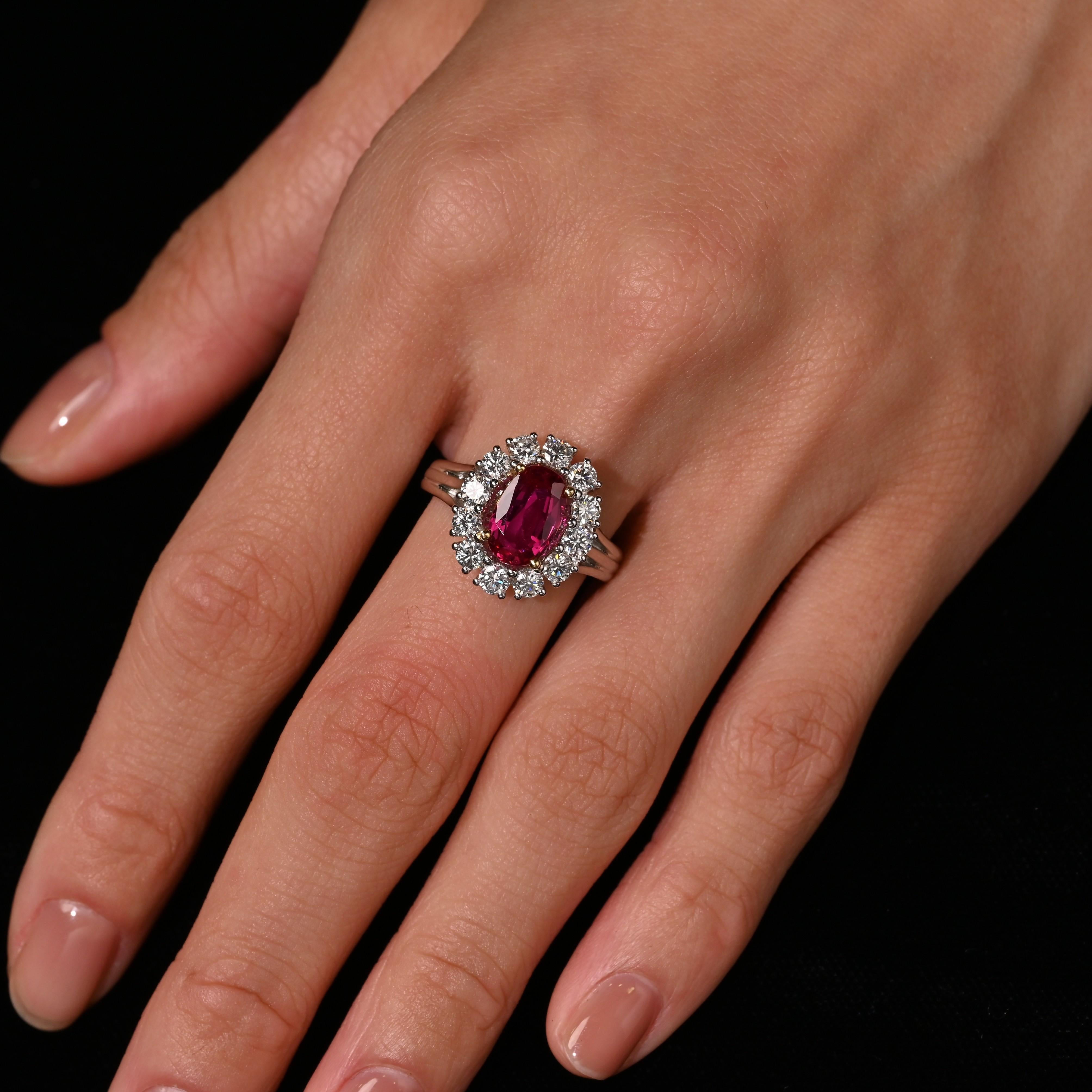 Women's 2.09 Carat Oval Cut No Heat Ruby & Diamond Halo Platinum Ring For Sale
