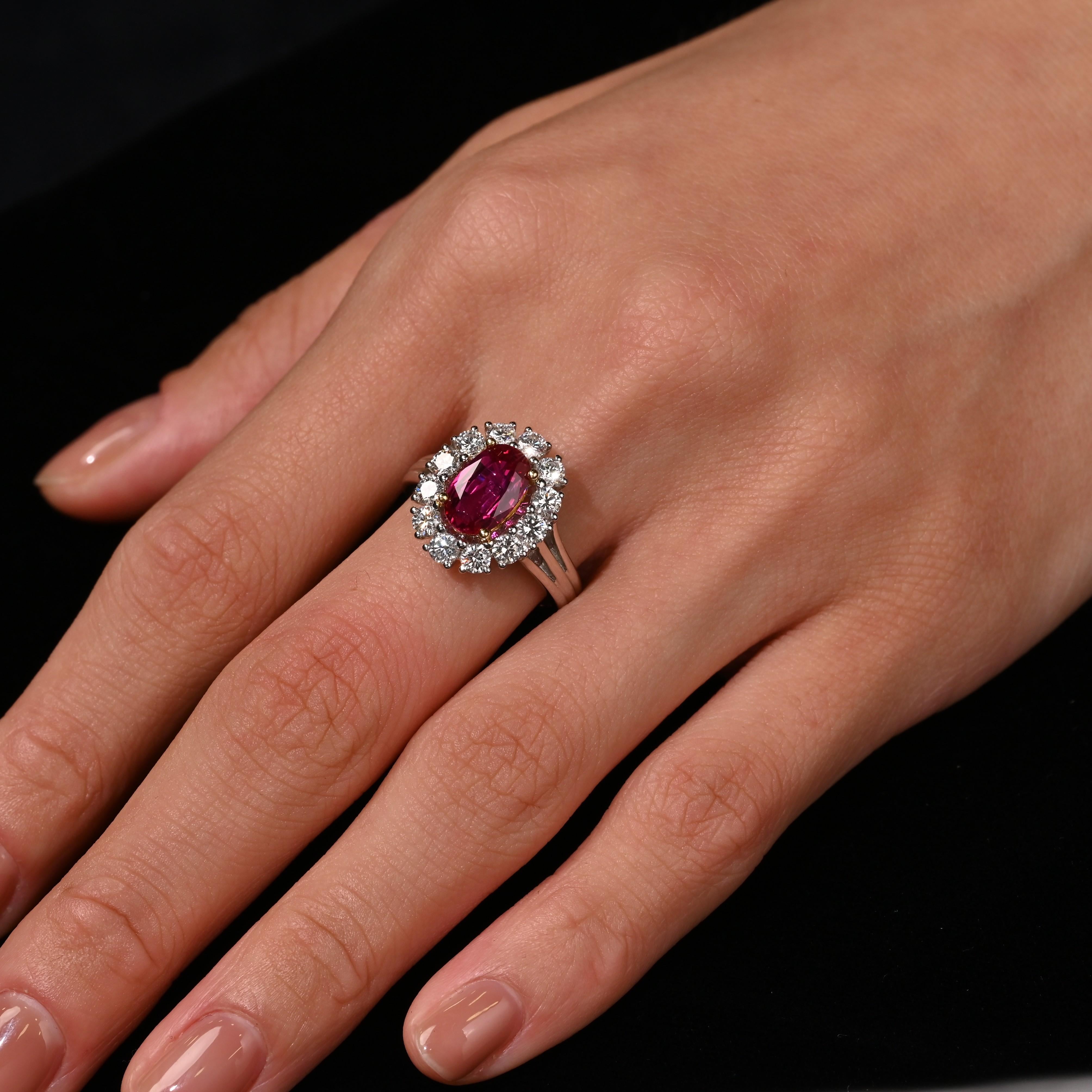 2.09 Carat Oval Cut No Heat Ruby & Diamond Halo Platinum Ring For Sale 1