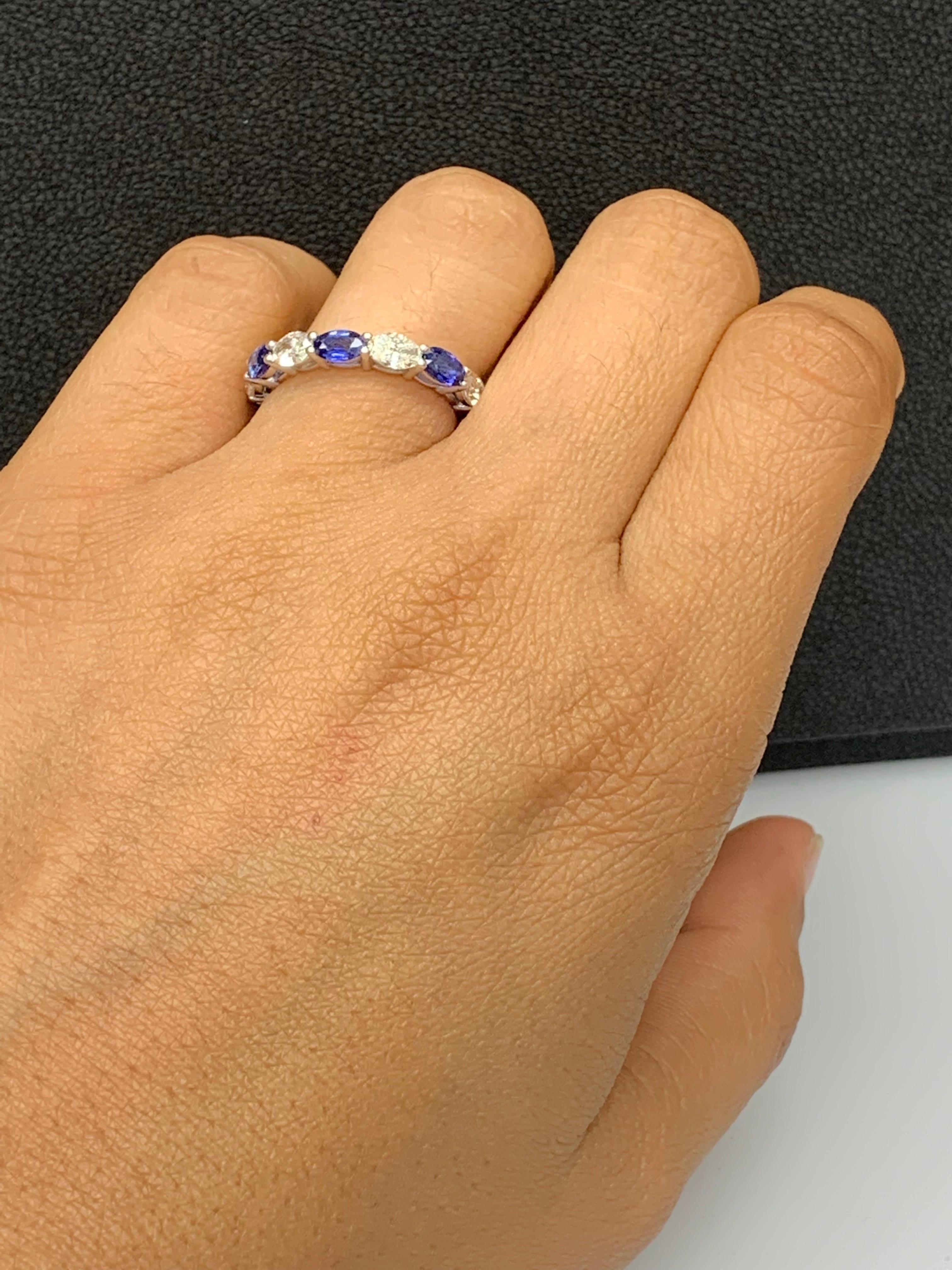 Handcrafted to perfection; showcasing color-rich oval cut sapphires that elegantly alternate brilliant oval cut diamonds in a 14k white gold setting. 
The 7 sapphires weigh 2.09 carats total and 7 diamonds weigh 1.41 carats total.

Size 6.5 US