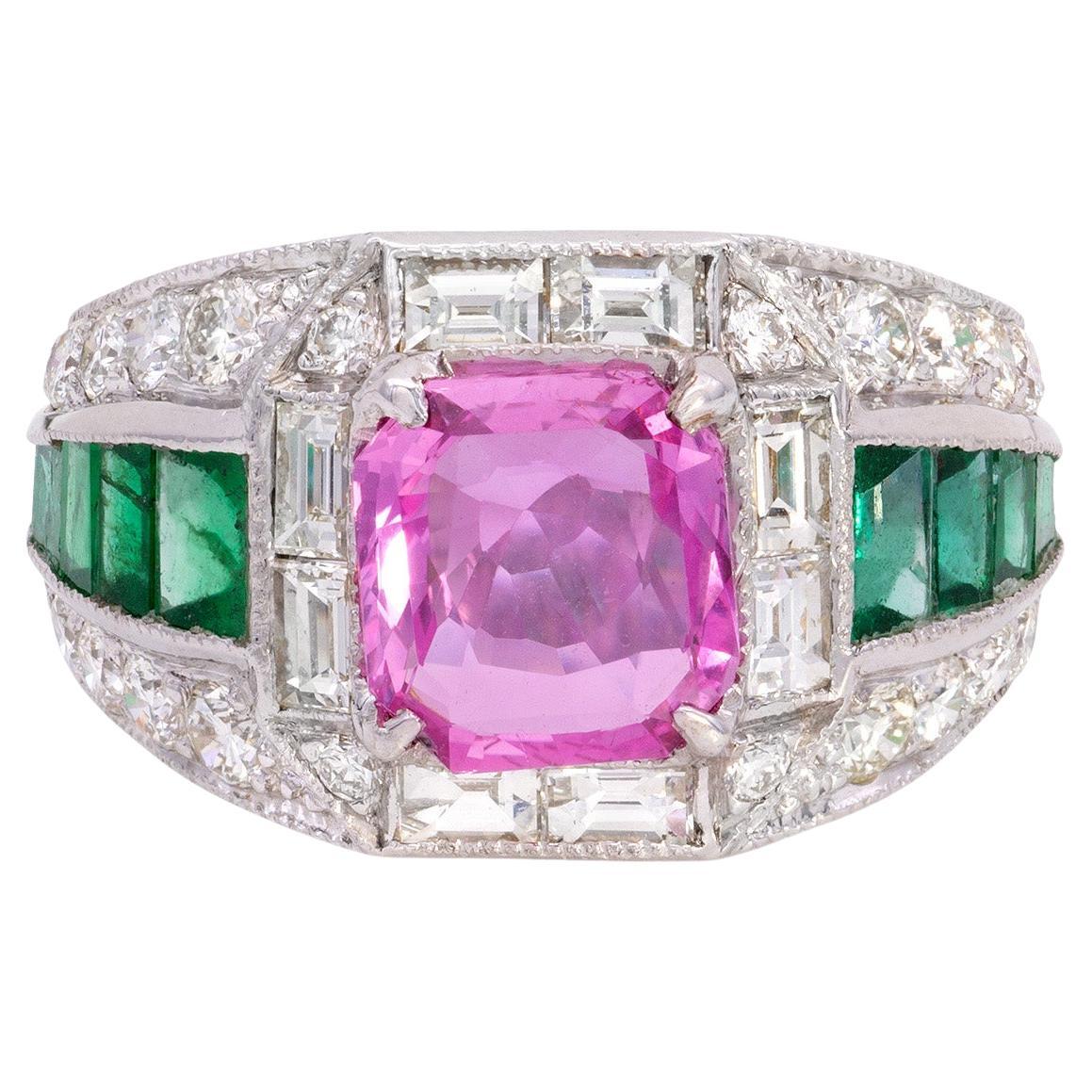 2.09 Carat Pink Sapphire & 2.05 Carat Emerald Diamond Ring For Sale