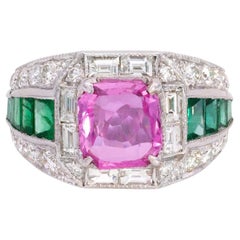 2.09 Carat Pink Sapphire & 2.05 Carat Emerald Diamond Ring
