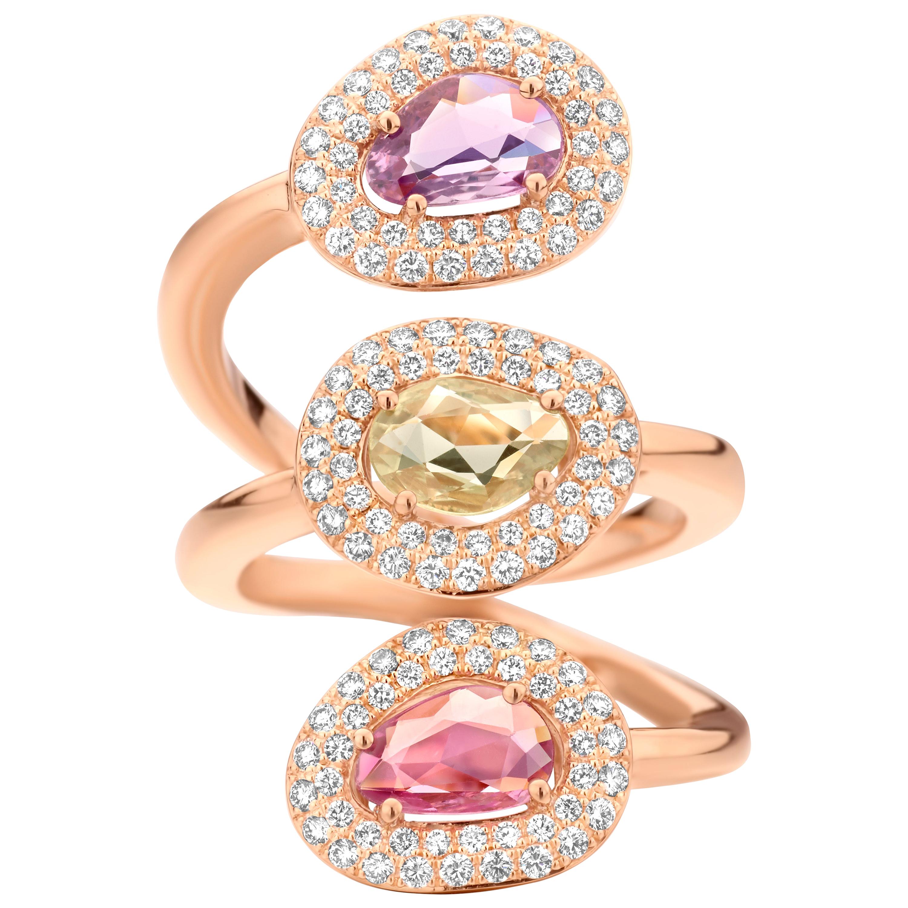 2.09 Carat Purple, Yellow, Pink Sapphire Rose Gold Three-Stone Cocktail Ring For Sale