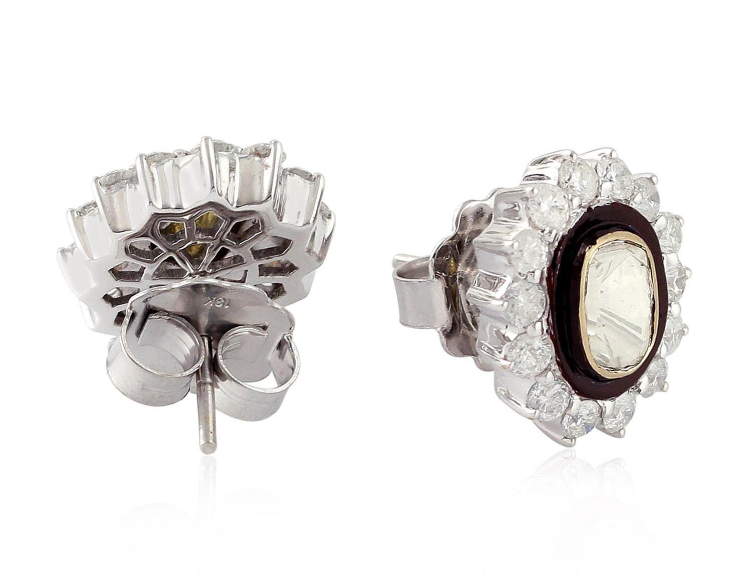Modern Rose Cut Diamond Enamel 18 Karat Stud Earrings For Sale