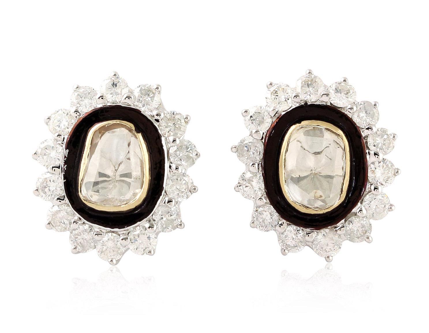 Rose Cut Diamond Enamel 18 Karat Stud Earrings In New Condition For Sale In Hoffman Estate, IL