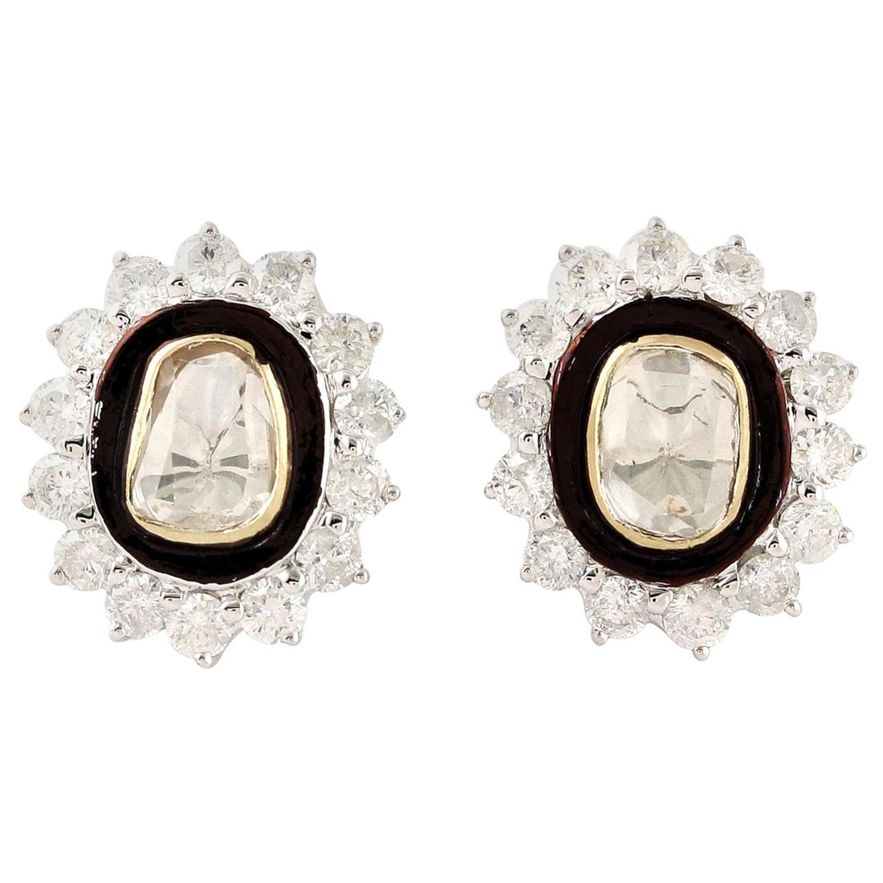 Rose Cut Diamond Enamel 18 Karat Stud Earrings For Sale