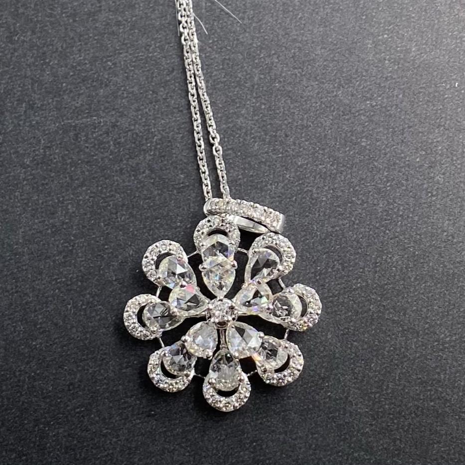 2.09 Carat Round Brilliant & Rose Cut Diamond Pendant in 18 Karat White Gold  In New Condition For Sale In New York, NY